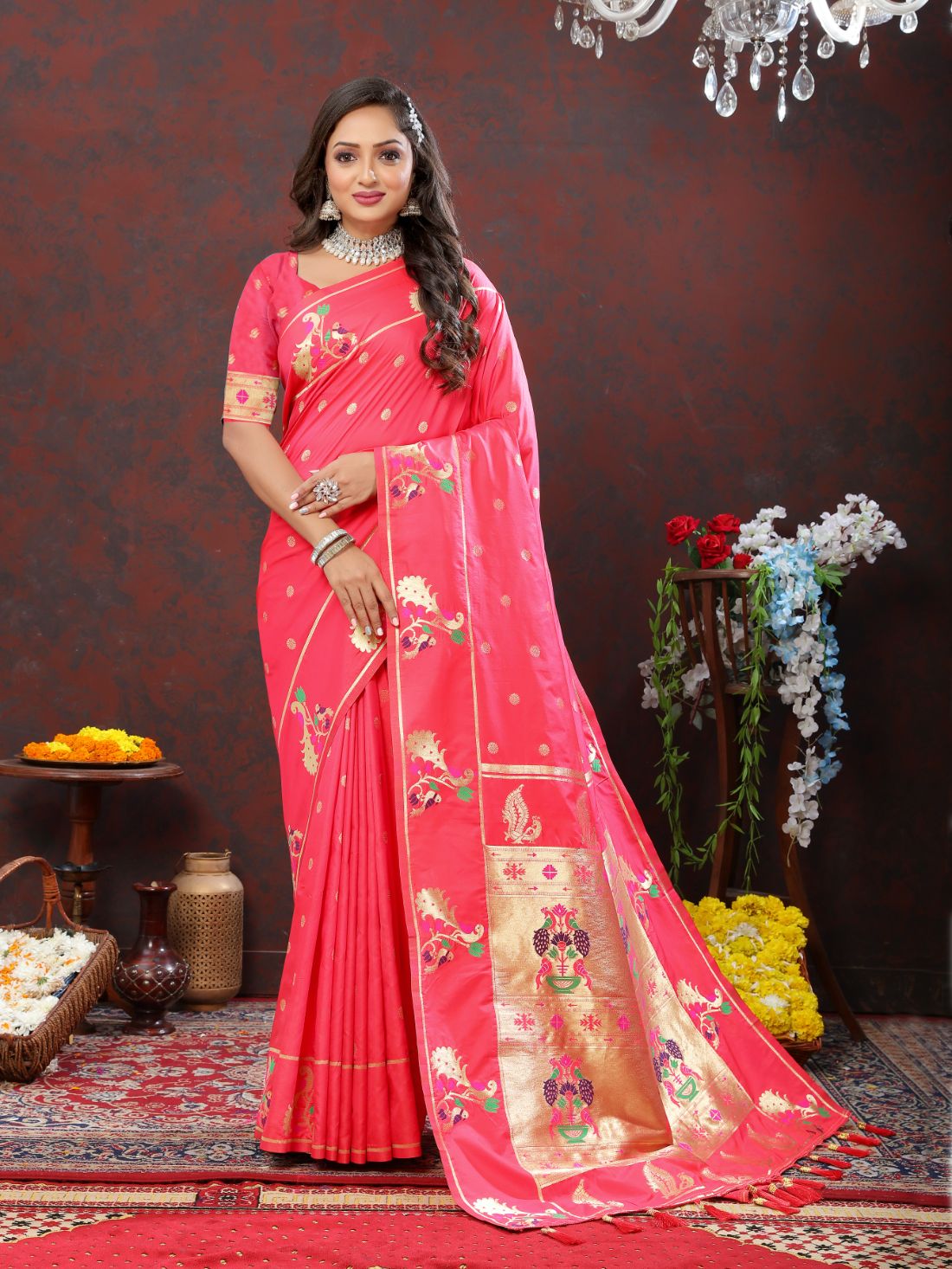 Peach Color Golden Zari Woven Soft Paithani Silk Sarees With Rich Weaving Pallu with tassels.