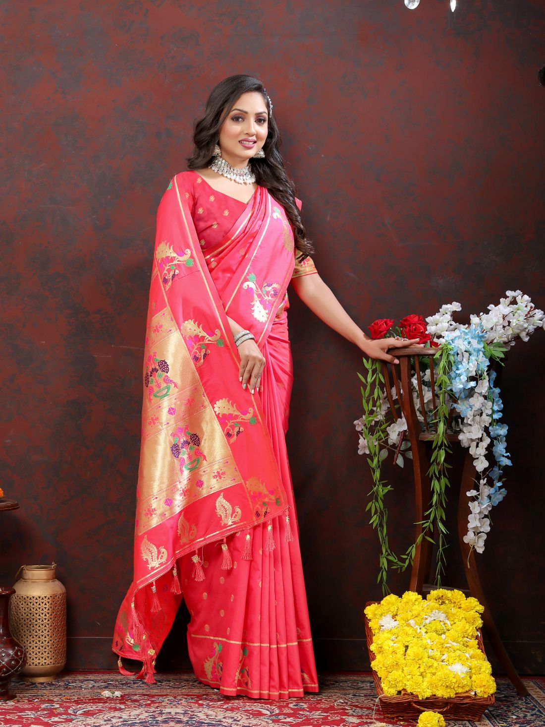 Peach Color Golden Zari Woven Soft Paithani Silk Sarees With Rich Weaving Pallu with tassels.