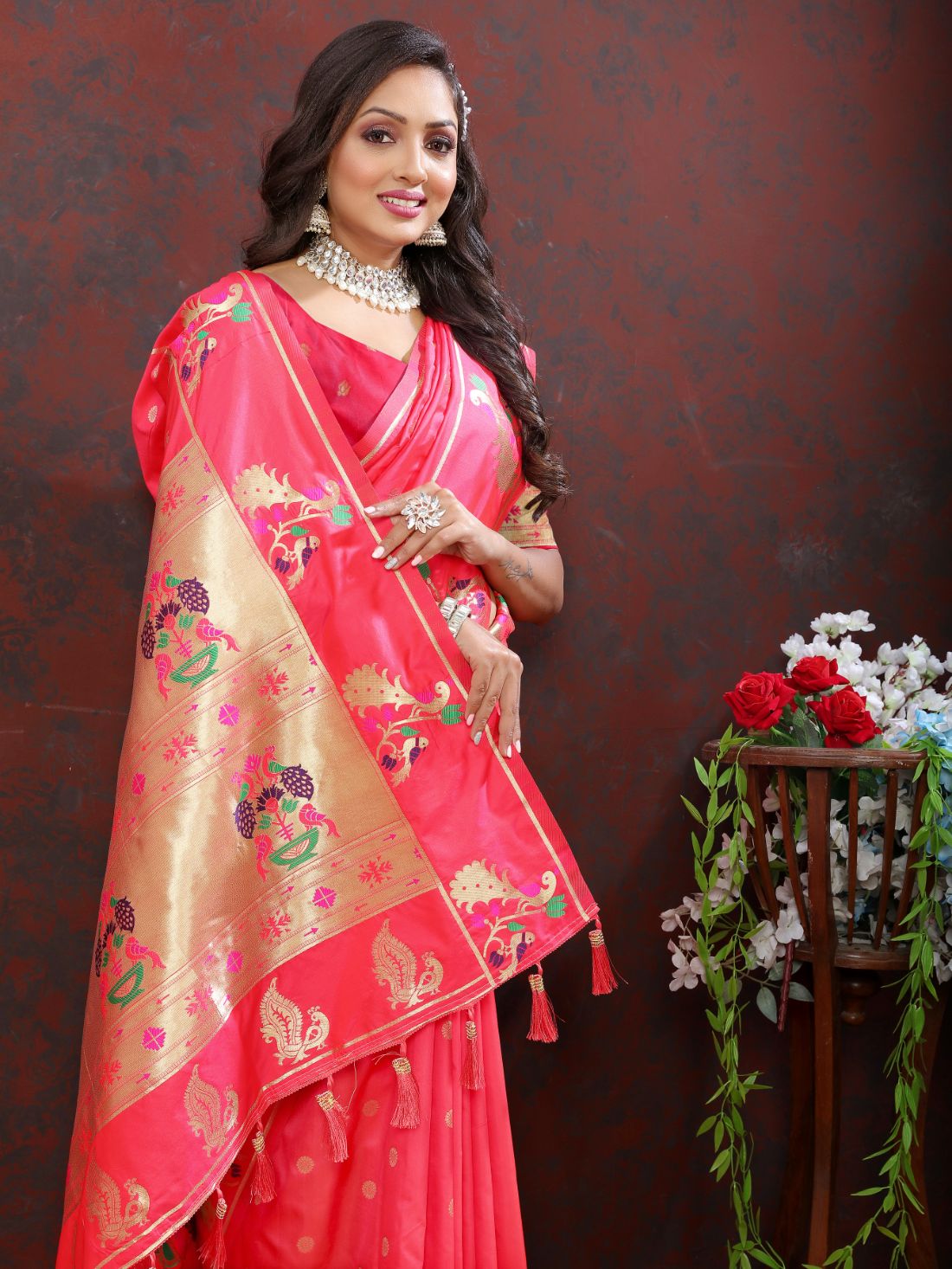 Peach Color Golden Zari Woven Soft Paithani Silk Sarees With Rich Weaving Pallu with tassels.