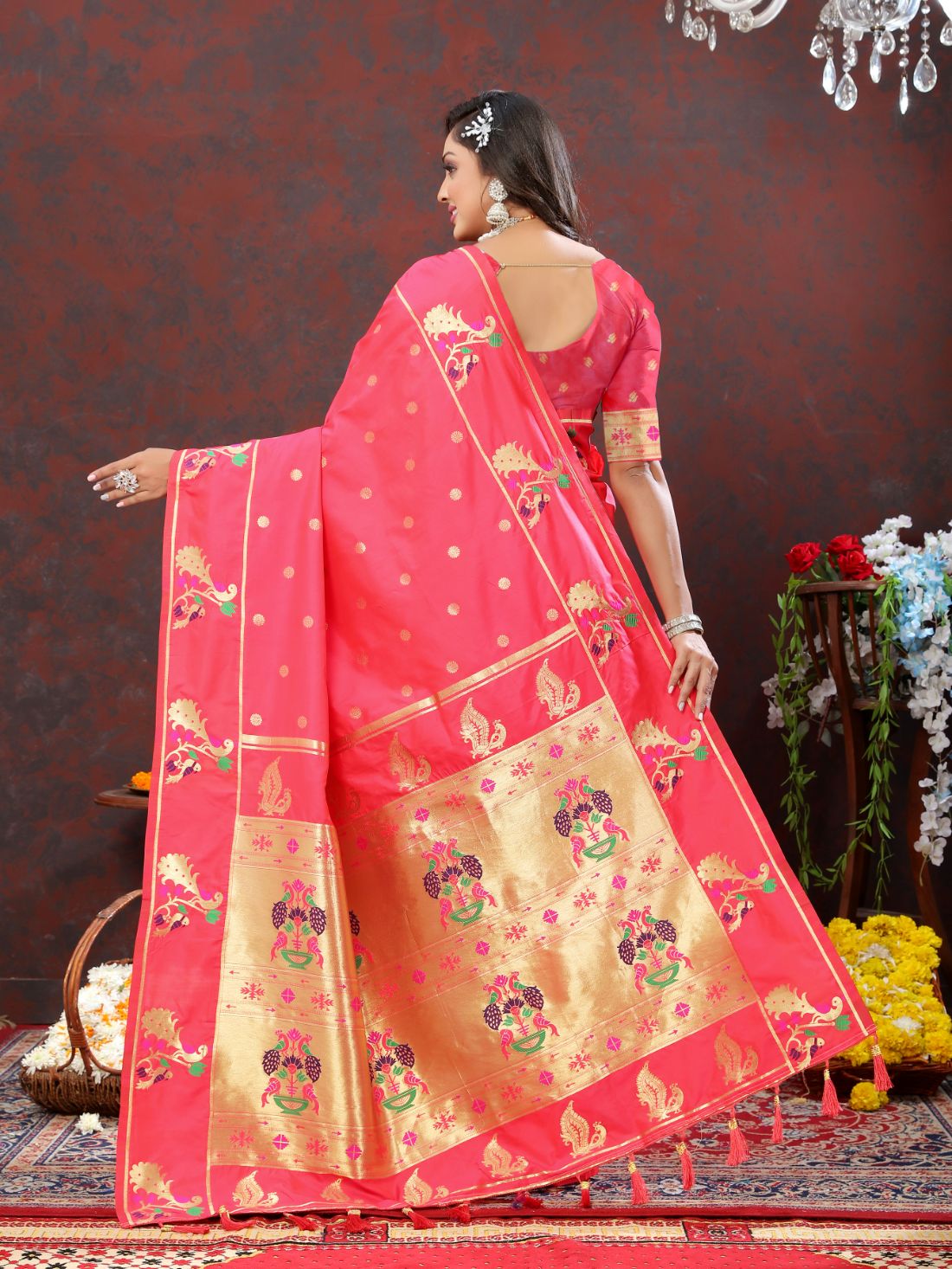Peach Color Golden Zari Woven Soft Paithani Silk Sarees With Rich Weaving Pallu with tassels.
