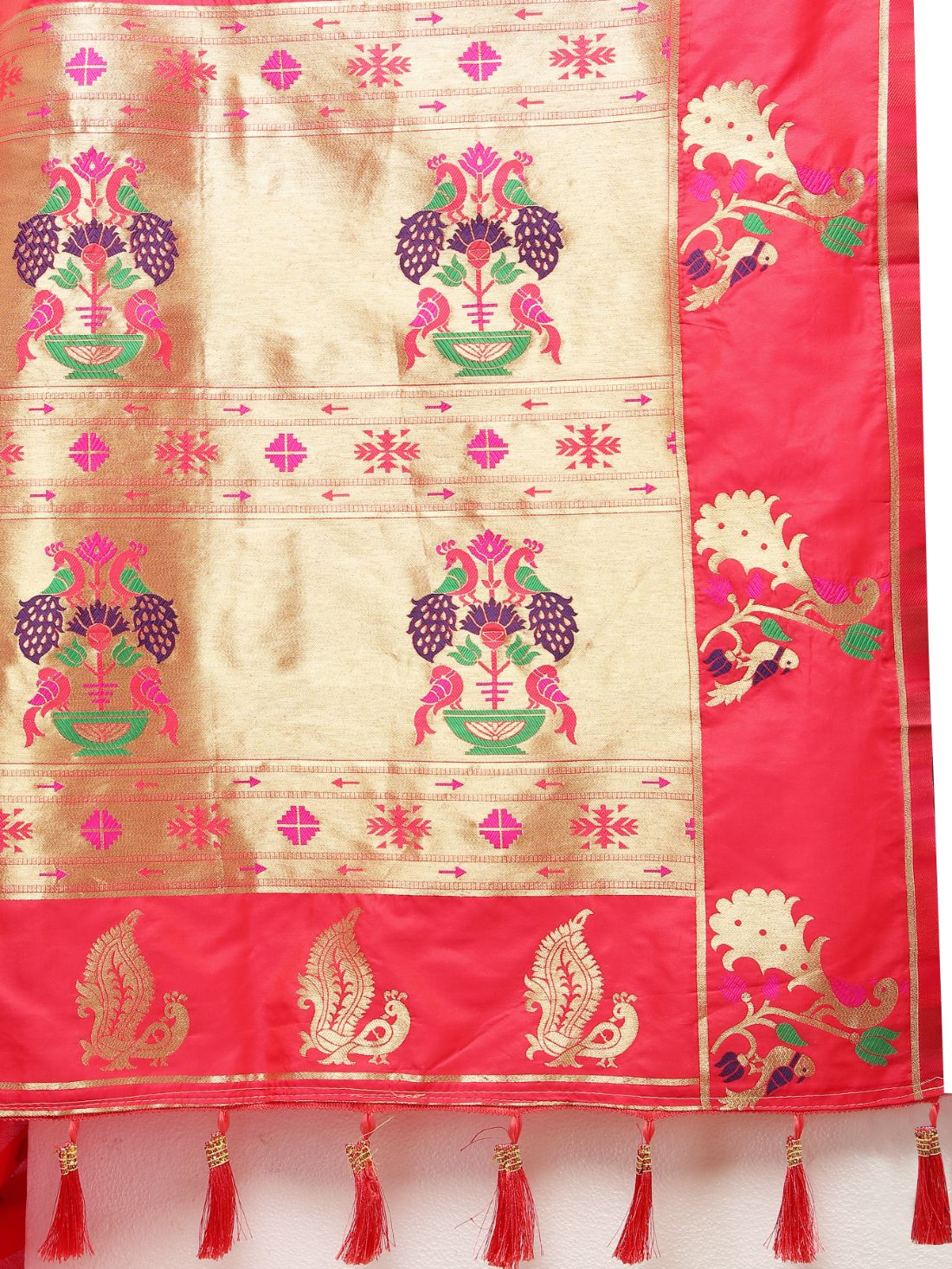 Peach Color Golden Zari Woven Soft Paithani Silk Sarees With Rich Weaving Pallu with tassels.