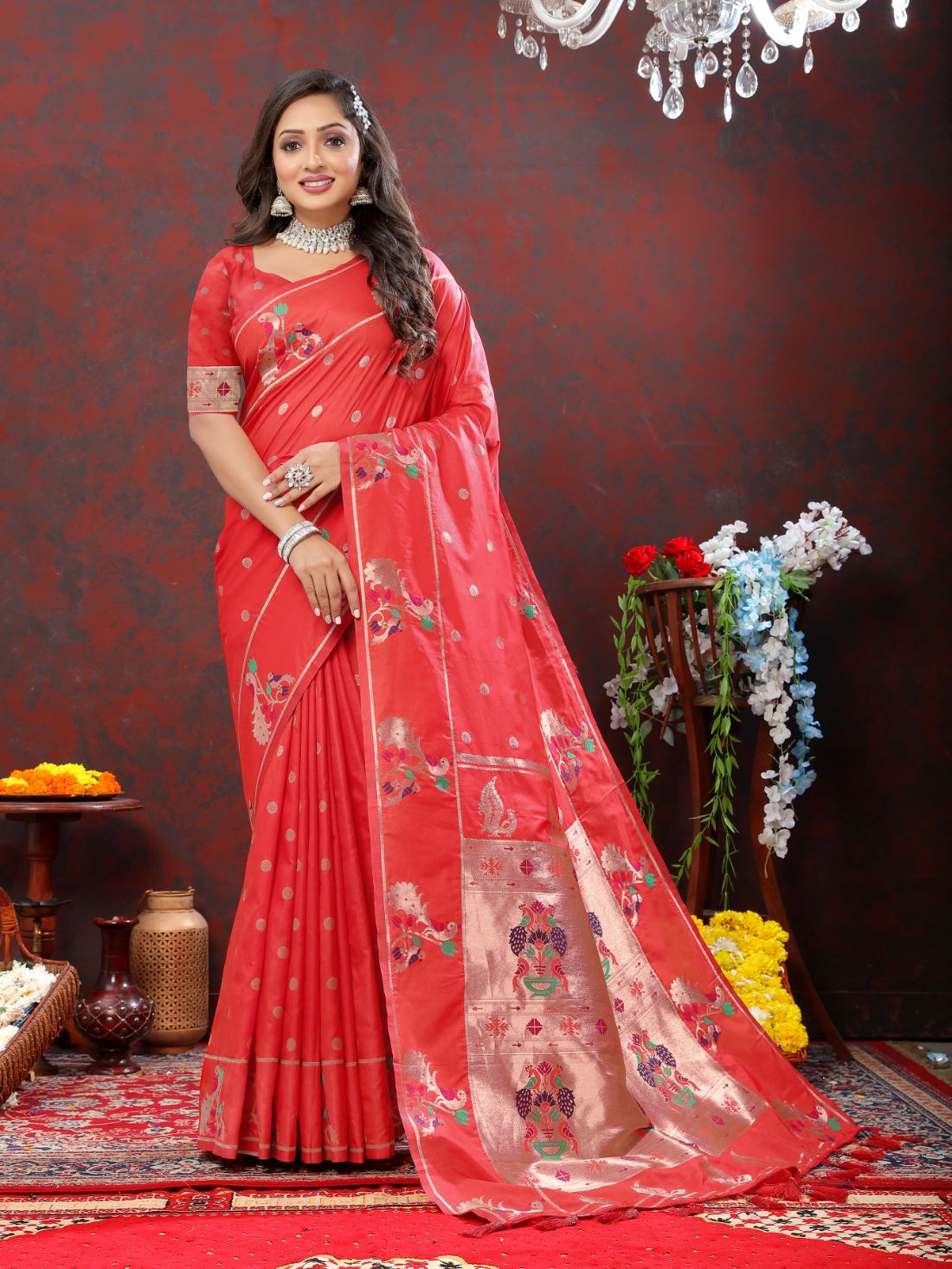 Red Color Zari Woven Soft Paithani Silk Sarees With Rich Weaving Pallu with tassels.