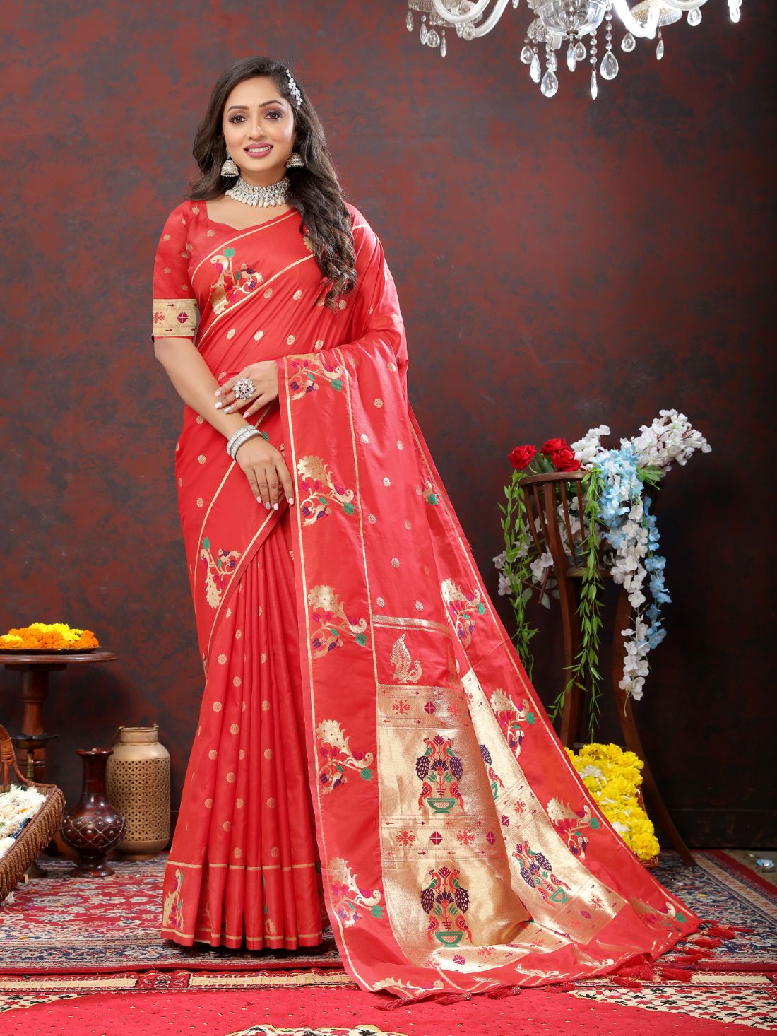Red Color Golden Zari Woven Soft Paithani Silk Sarees With Rich Weaving Pallu with tassels