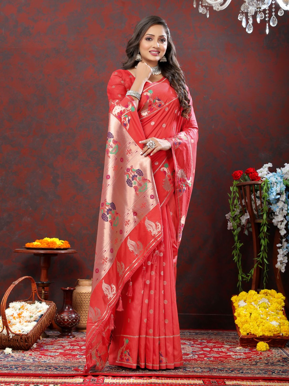Red Color Zari Woven Soft Paithani Silk Sarees With Rich Weaving Pallu with tassels.