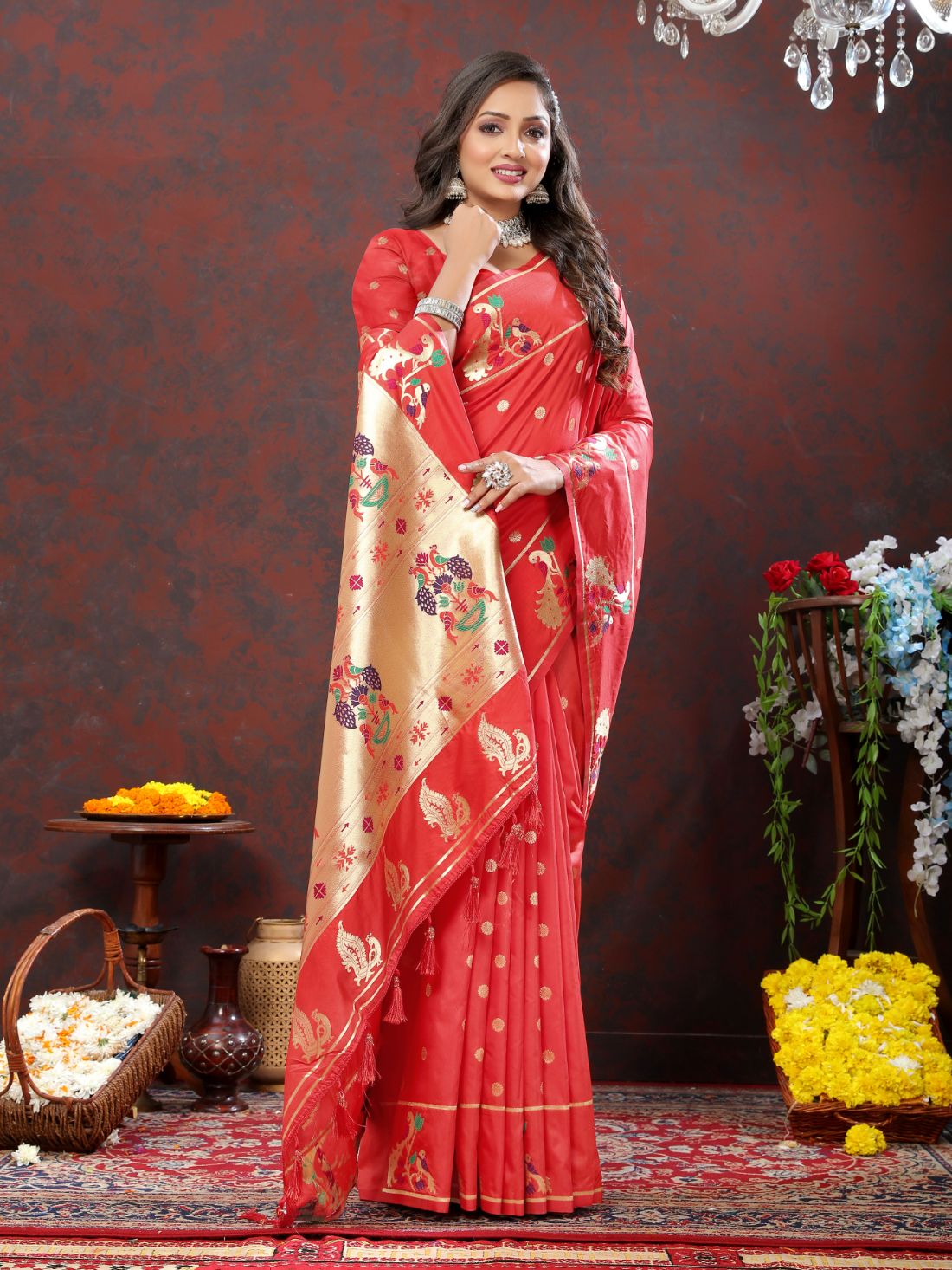 Red Color Golden Zari Woven Soft Paithani Silk Sarees With Rich Weaving Pallu with tassels