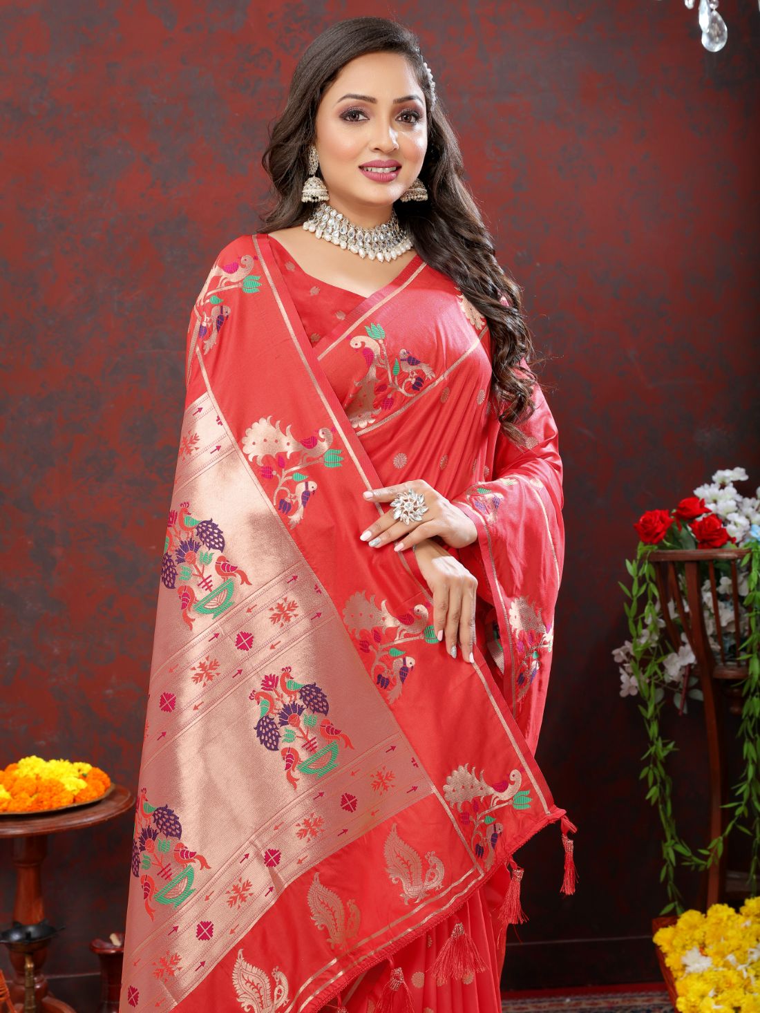 Red Color Zari Woven Soft Paithani Silk Sarees With Rich Weaving Pallu with tassels.
