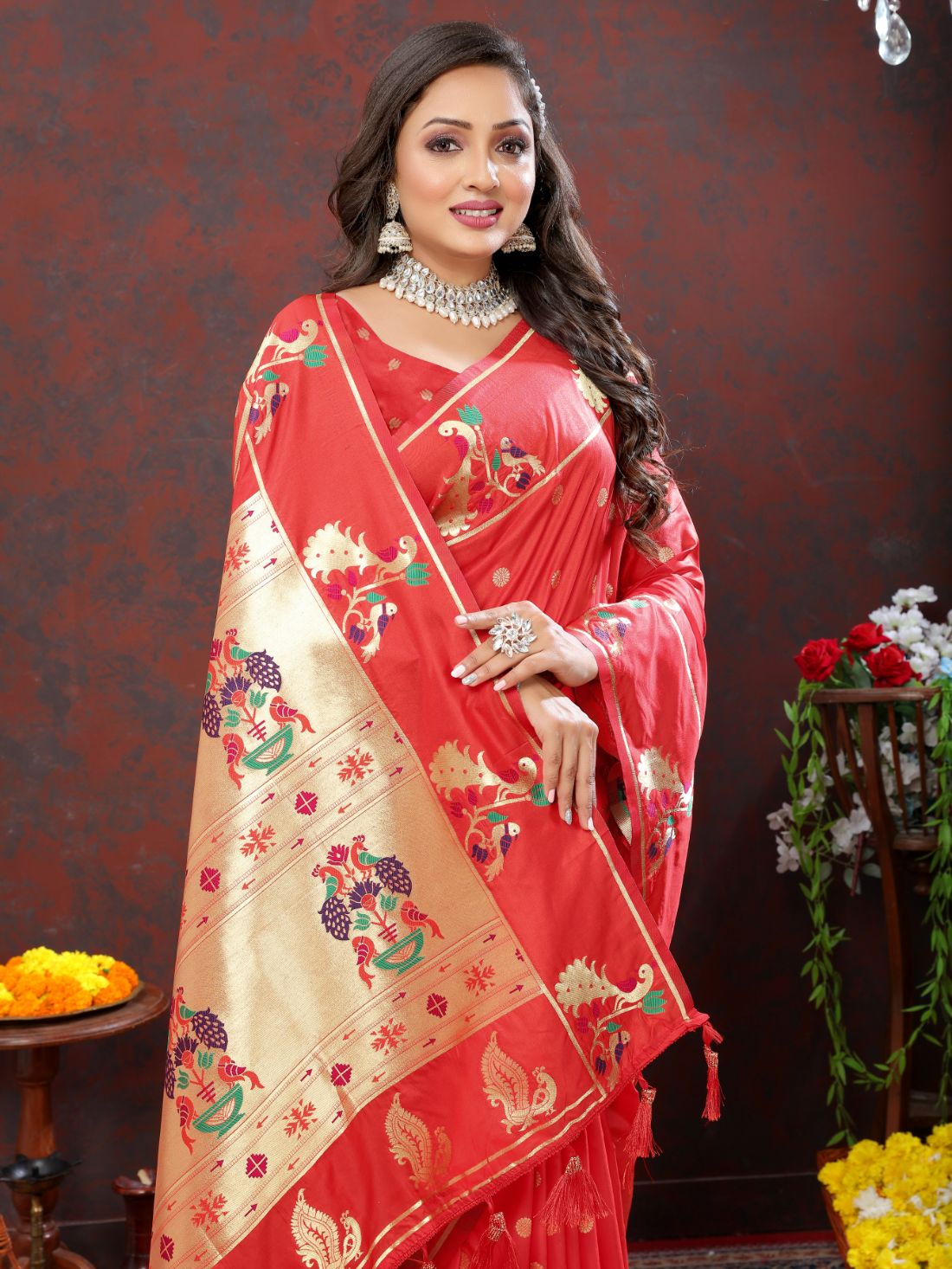 Red Color Golden Zari Woven Soft Paithani Silk Sarees With Rich Weaving Pallu with tassels
