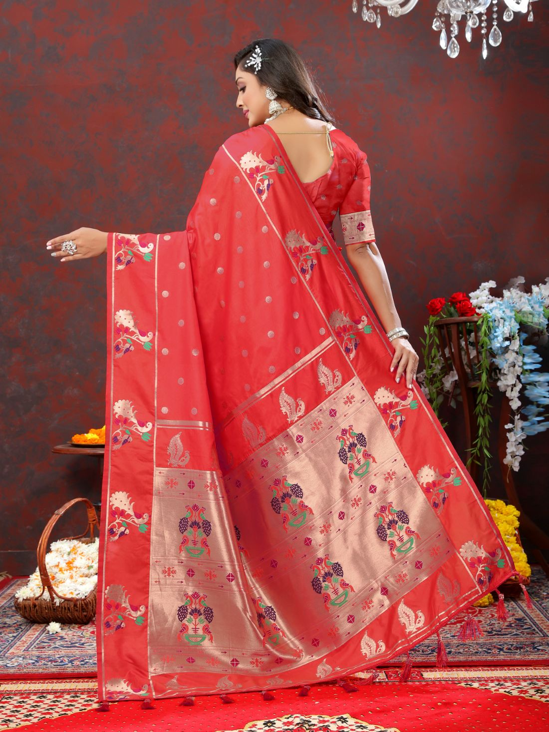 Red Color Zari Woven Soft Paithani Silk Sarees With Rich Weaving Pallu with tassels.