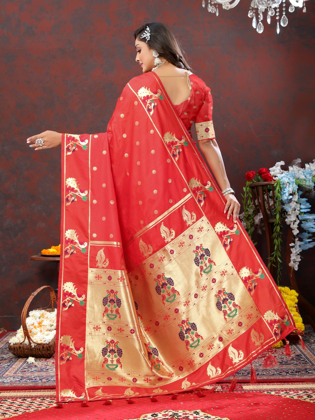 Red Color Golden Zari Woven Soft Paithani Silk Sarees With Rich Weaving Pallu with tassels