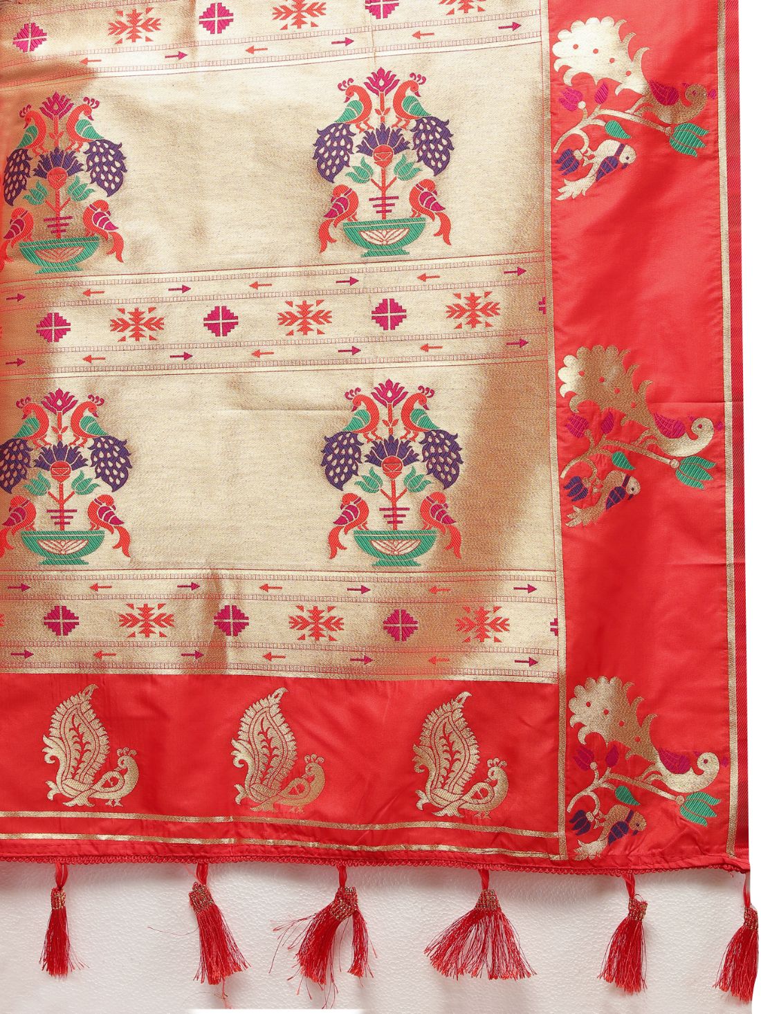 Red Color Golden Zari Woven Soft Paithani Silk Sarees With Rich Weaving Pallu with tassels