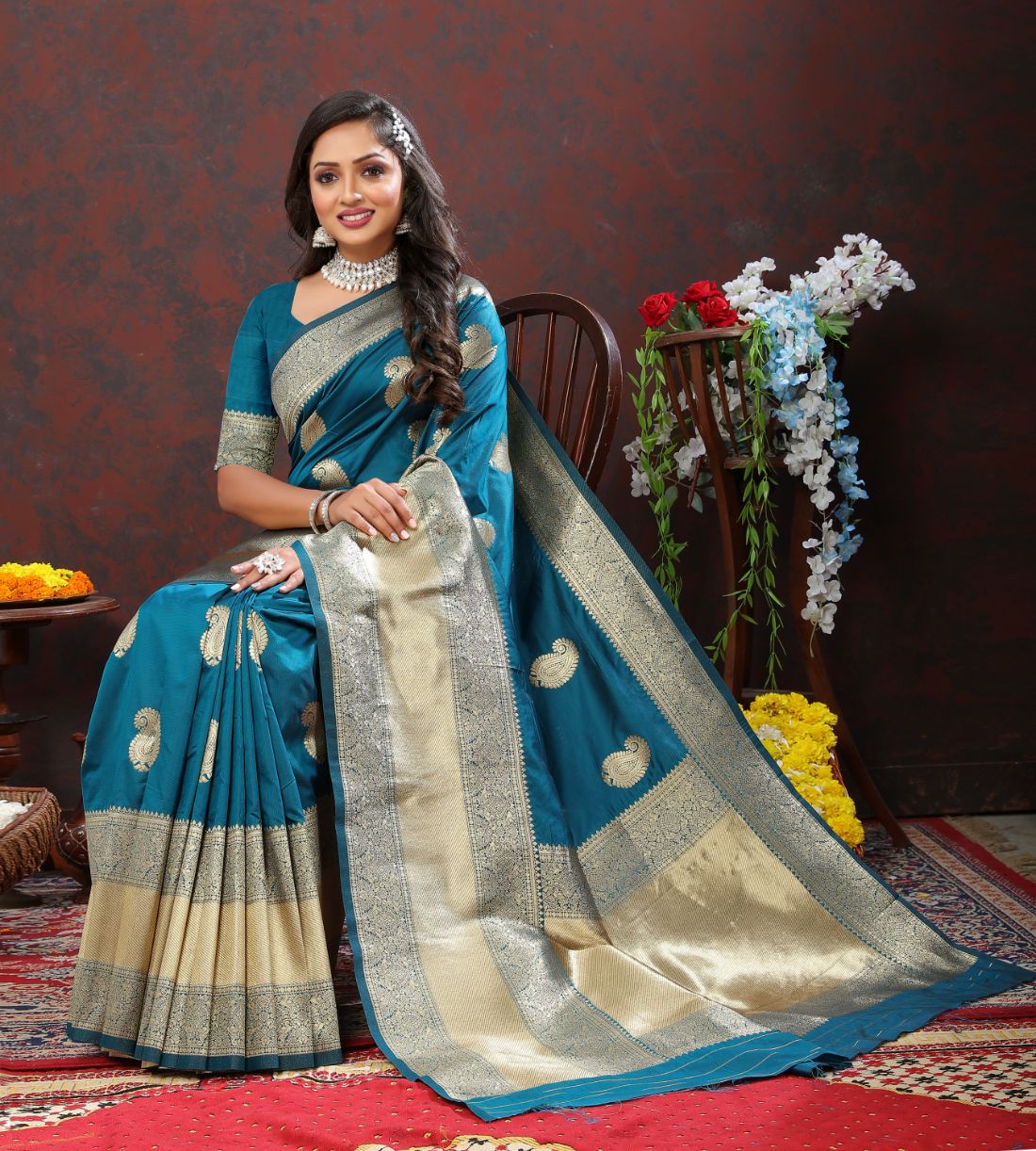 Aqua Blue Color Exclusive Soft Silk Zari Woven Work With Rich Pallu and Contrast Border With Tessels Women's Saree with Unstiched Blouse Pieces.