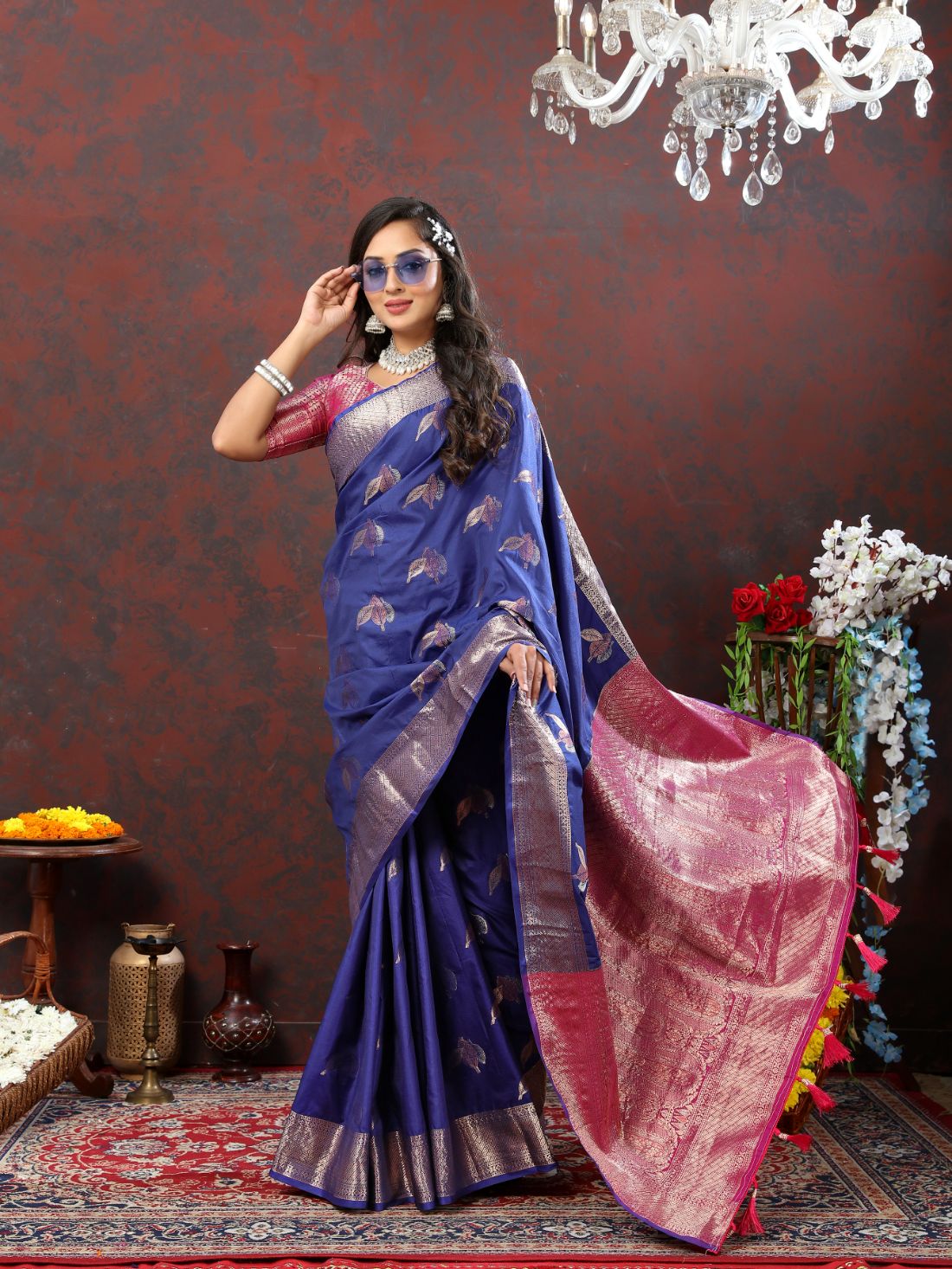 Nevy Blue Color Exclusive Soft Silk Zari Woven Work With Rich Pallu and Contrast Border With Tessels Women's Saree with Unstiched Blouse Pieces.