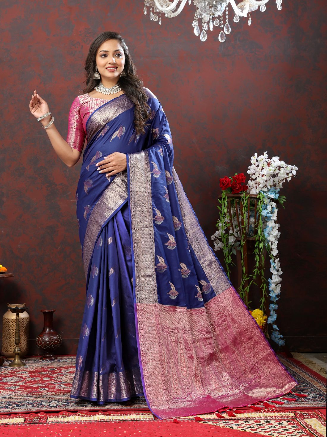 Nevy Blue Color Exclusive Soft Silk Zari Woven Work With Rich Pallu and Contrast Border With Tessels Women's Saree with Unstiched Blouse Pieces.