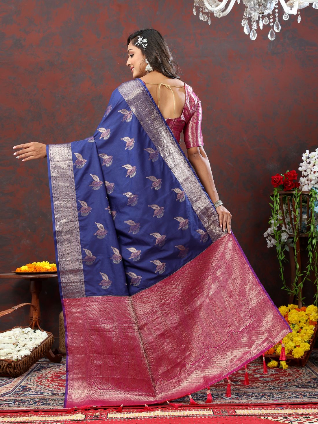 Nevy Blue Color Exclusive Soft Silk Zari Woven Work With Rich Pallu and Contrast Border With Tessels Women's Saree with Unstiched Blouse Pieces.