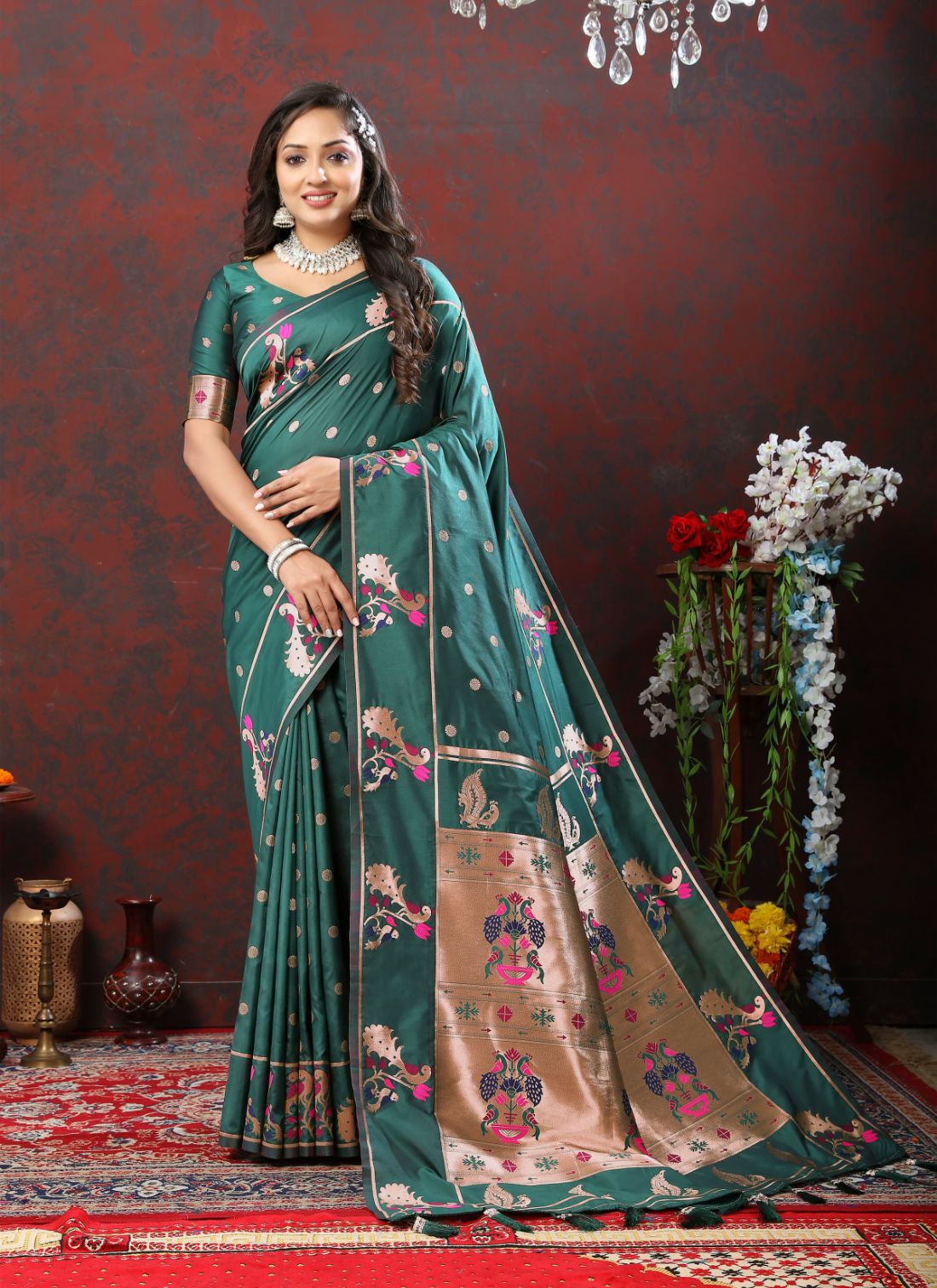 Dark Green Color Zari Woven Soft Paithani Silk Sarees With Rich Weaving Pallu with tassels.