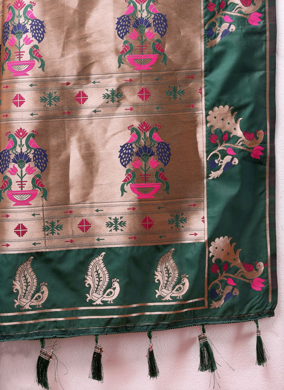 Dark Green Color Zari Woven Soft Paithani Silk Sarees With Rich Weaving Pallu with tassels.