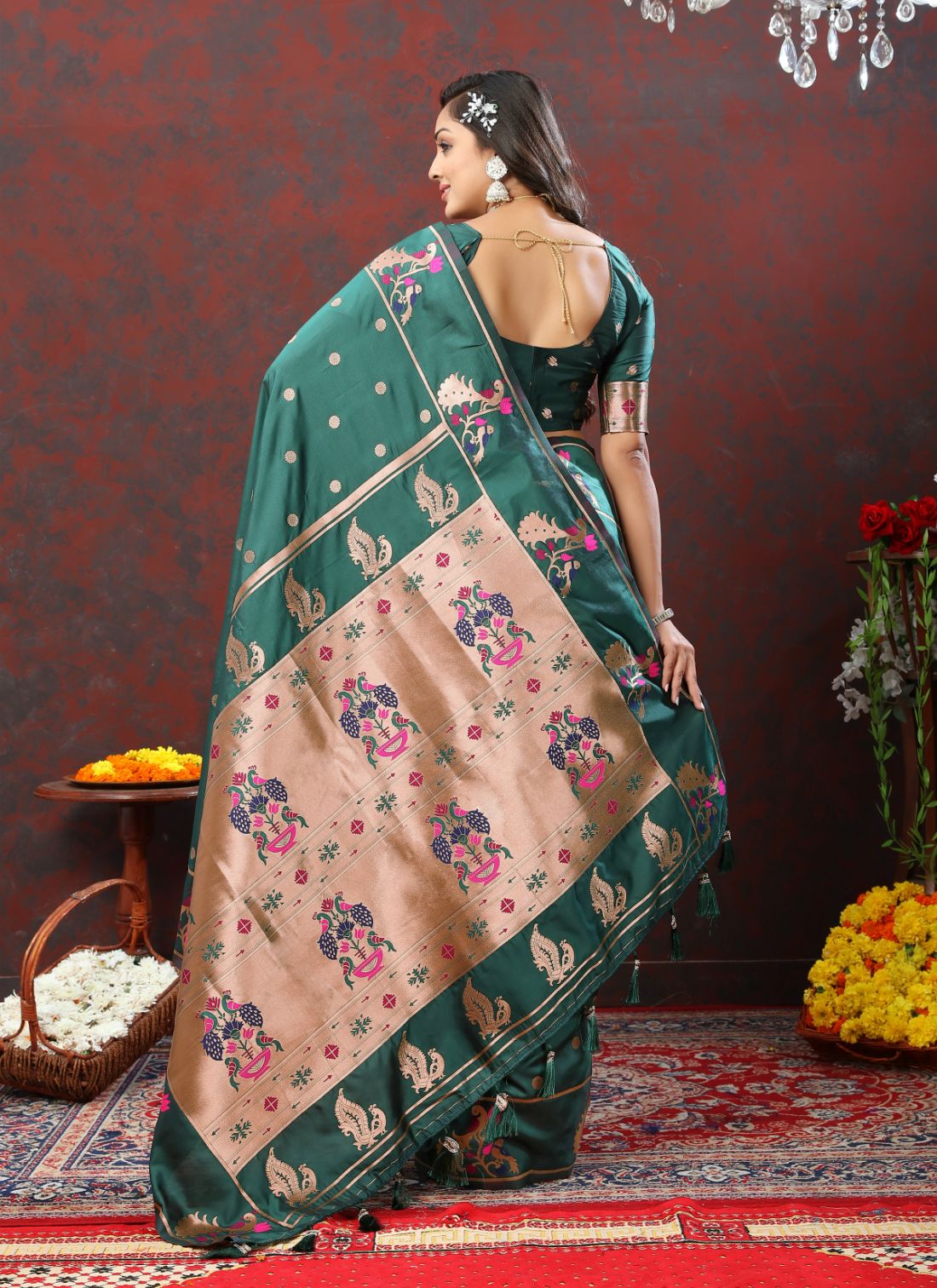 Dark Green Color Zari Woven Soft Paithani Silk Sarees With Rich Weaving Pallu with tassels.