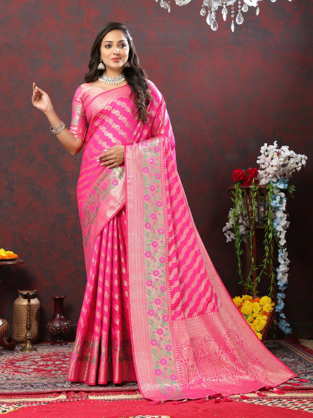 Pink Color Exclusive Soft Silk Zari Woven Work With Rich Pallu and Contrast Border With Tessels Women's Saree with Unstiched Blouse Pieces.