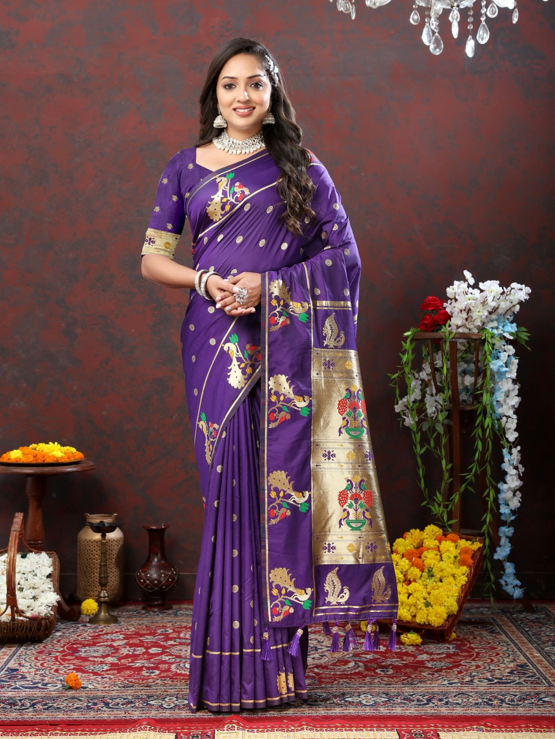 Dark purple gold zari woven Banarasi SOFT high quality LICHI SILK With Beautiful Rich Pallu And Blouse For Women Festive Party Wear New Designer Saree