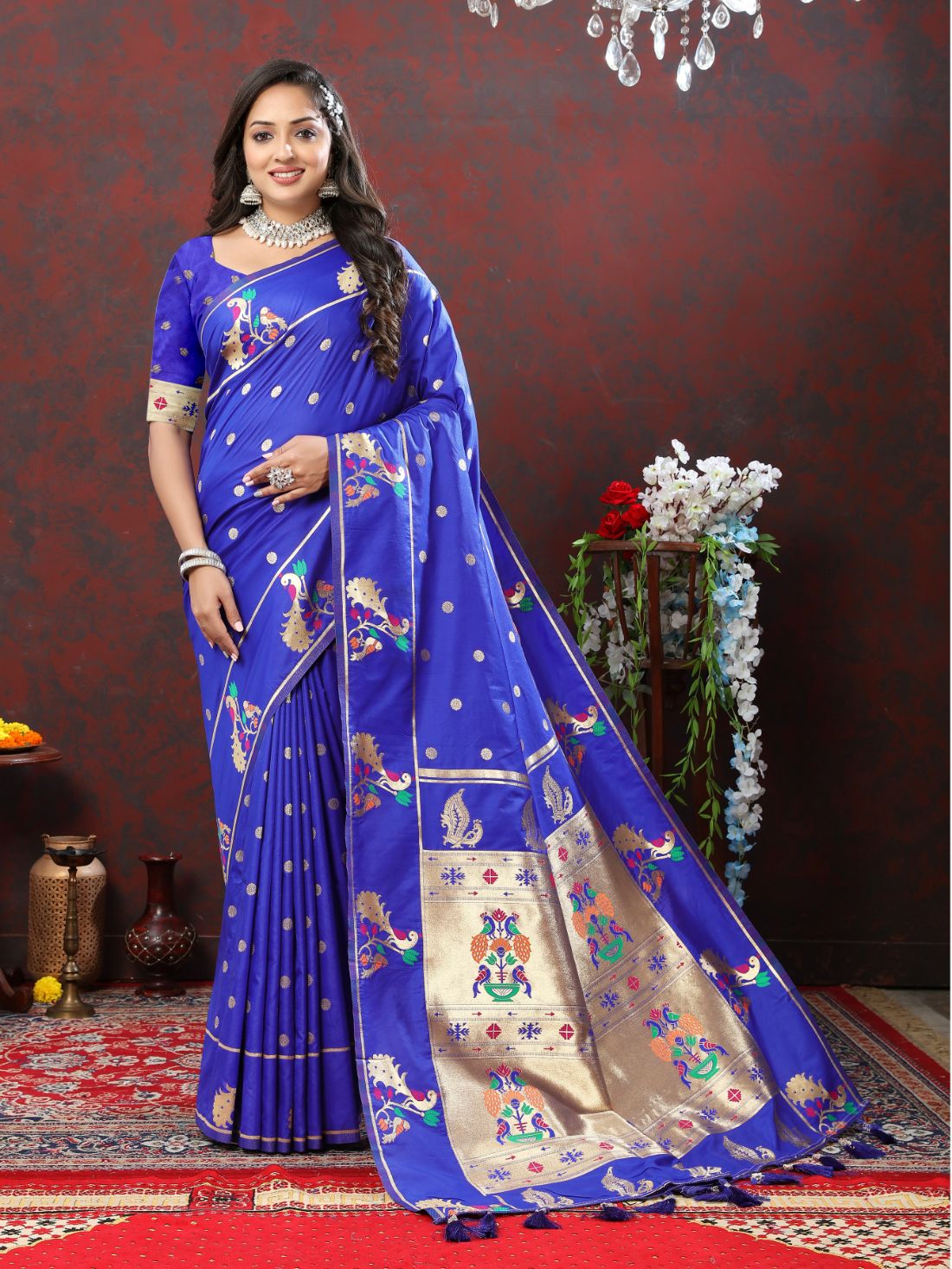 Royal Blue Color Golden Zari Woven Soft Paithani Silk Sarees With Rich Weaving Pallu with tassels.