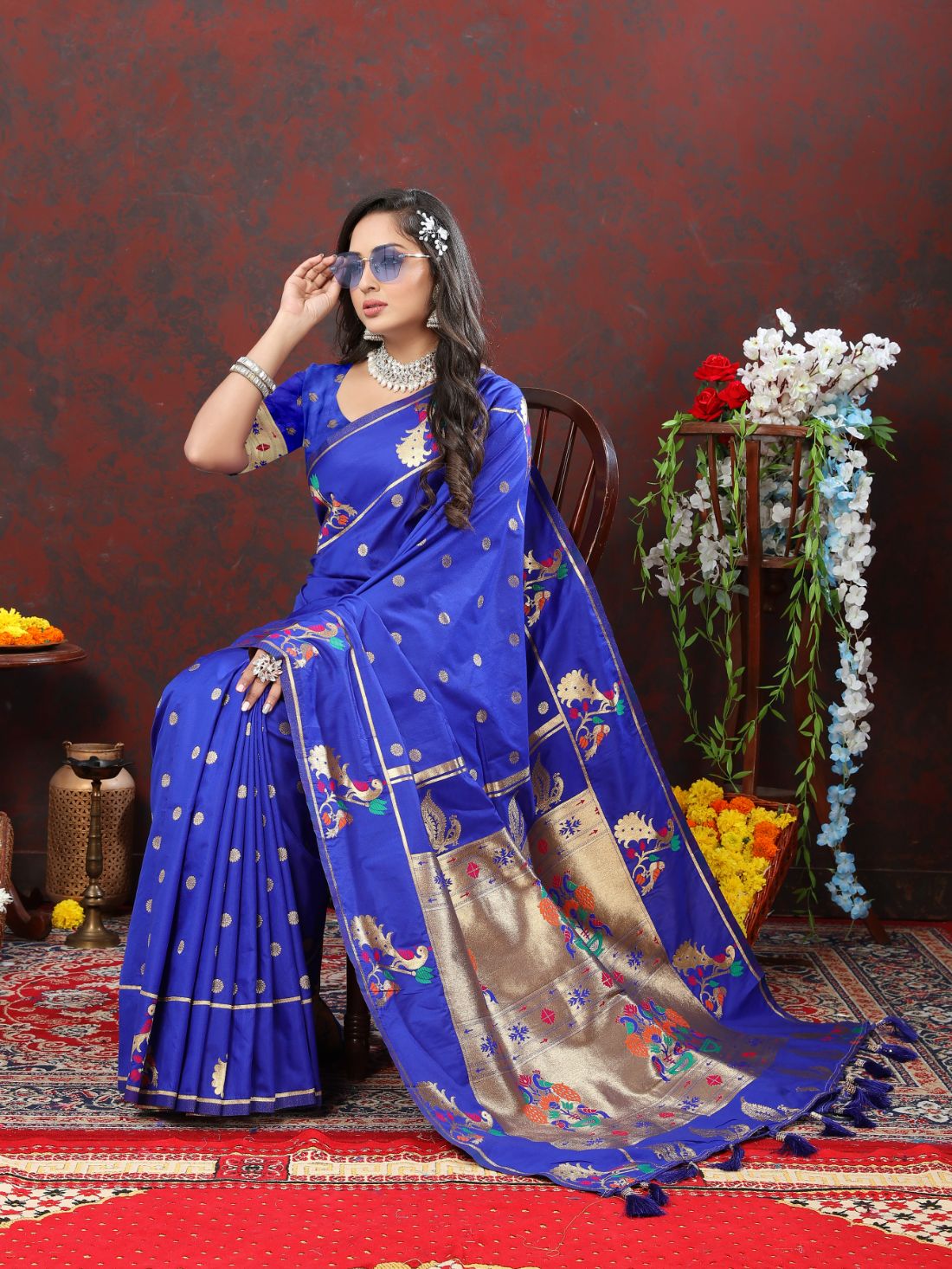 Royal Blue Color Golden Zari Woven Soft Paithani Silk Sarees With Rich Weaving Pallu with tassels.
