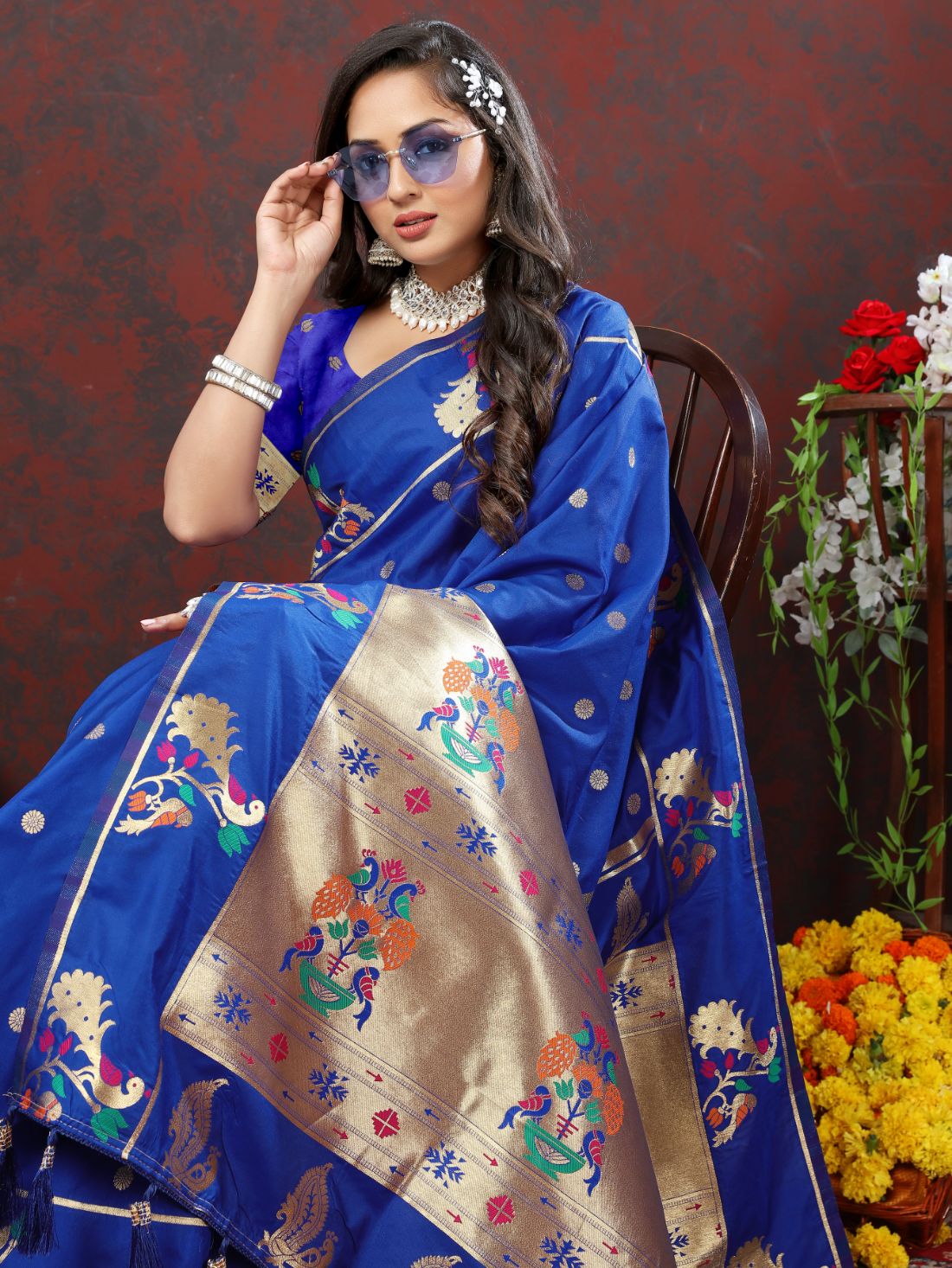 Royal Blue Color Golden Zari Woven Soft Paithani Silk Sarees With Rich Weaving Pallu with tassels.
