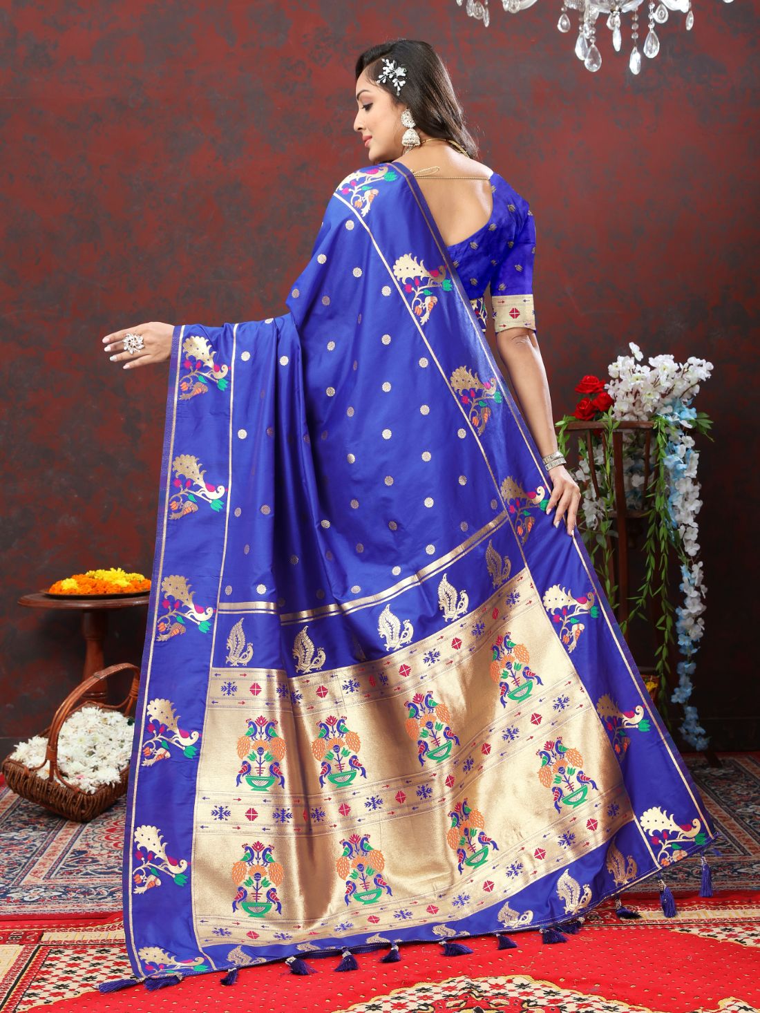 Royal Blue Color Golden Zari Woven Soft Paithani Silk Sarees With Rich Weaving Pallu with tassels.