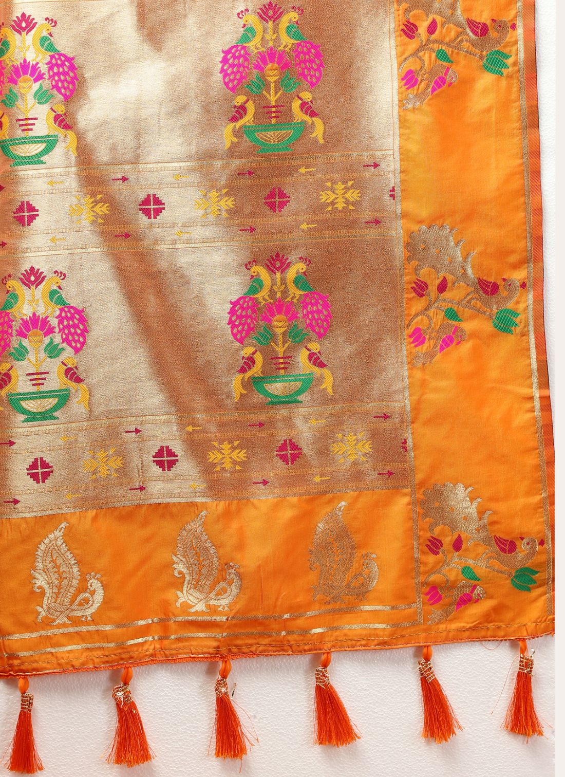 Orange Color Golden Zari Woven Soft Paithani Silk Sarees With Rich Weaving Pallu with tassels.