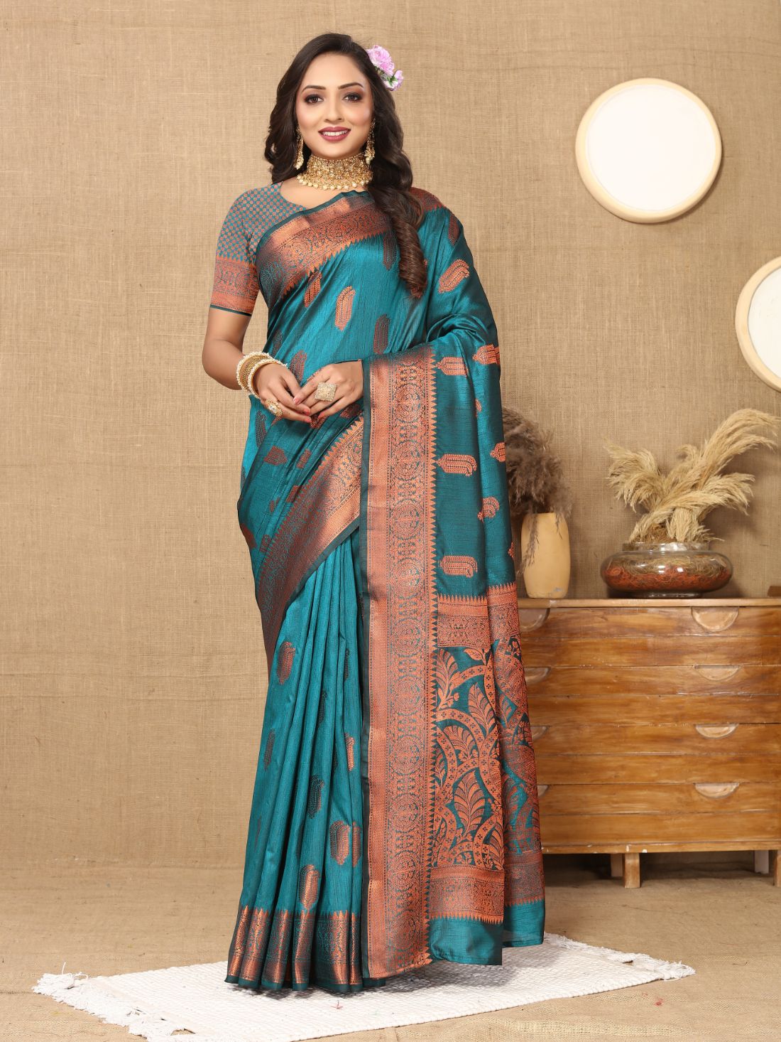 Aqua Blue Color Soft Katan Silk Saree with Copper Zari Weawing Design and Rich Zari weawing Pallu with Unstiched Blouse piece.