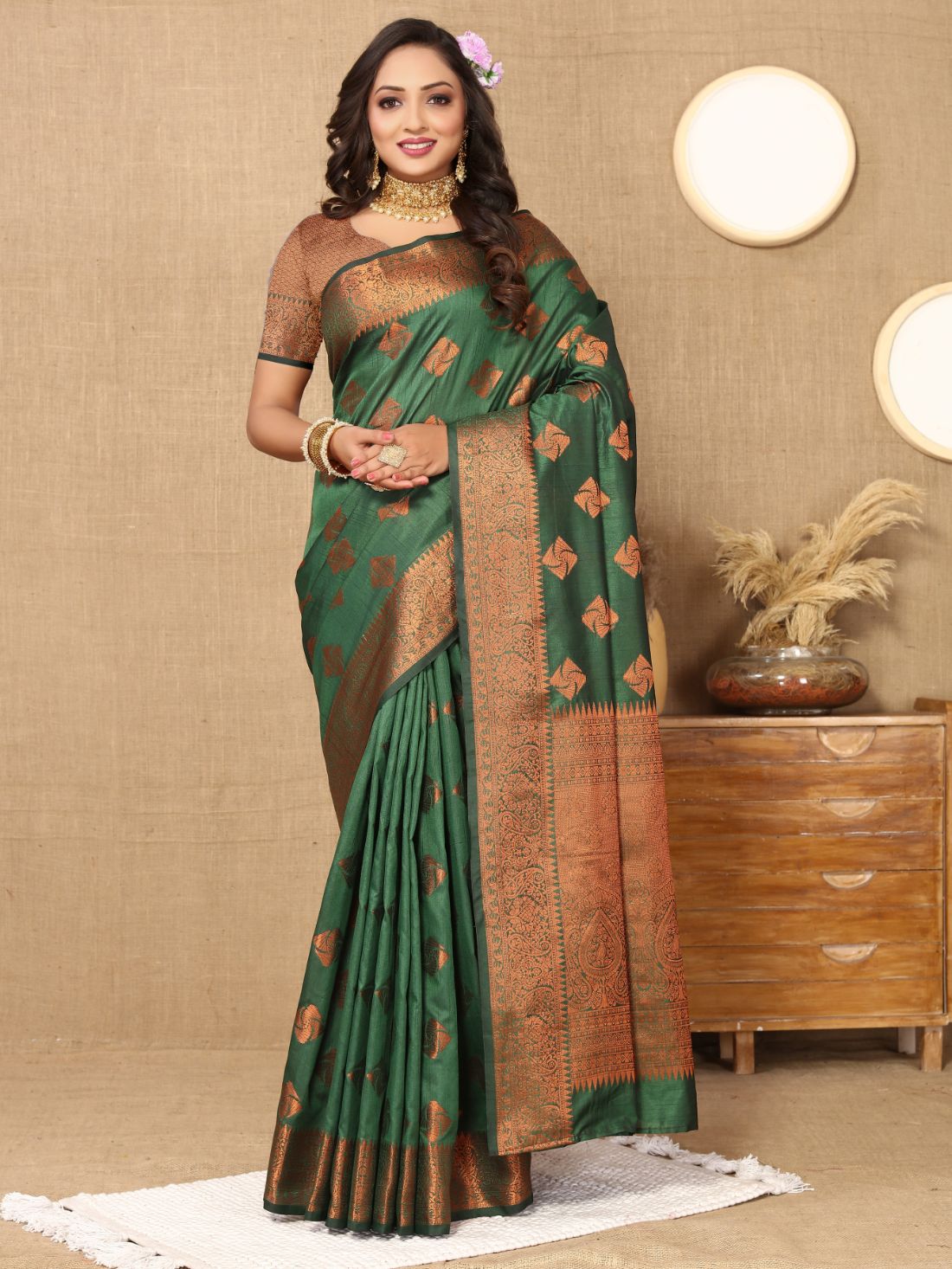 Dark Green Color Soft Katan Silk saree with copper zari weawing design and Rich Zari weawing Pallu with Unstiched Blouse piece
