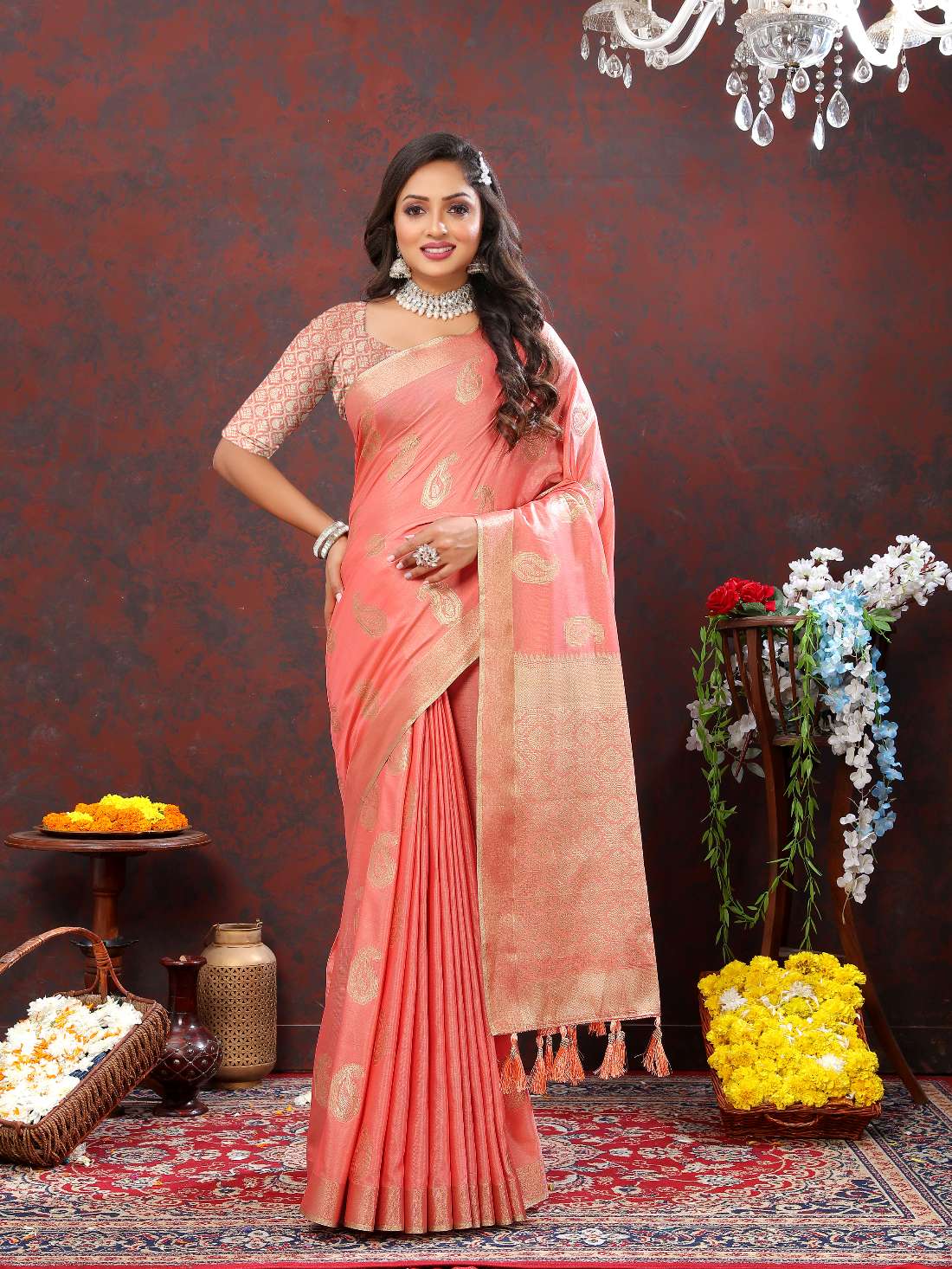 Orange Soft Cotton Silk Saree With Zari Weawing Design And Rich Zari Weawing Pallu With Contrast Border & Tessels Attach In Pallu With Unstiched Blouse Pieces.