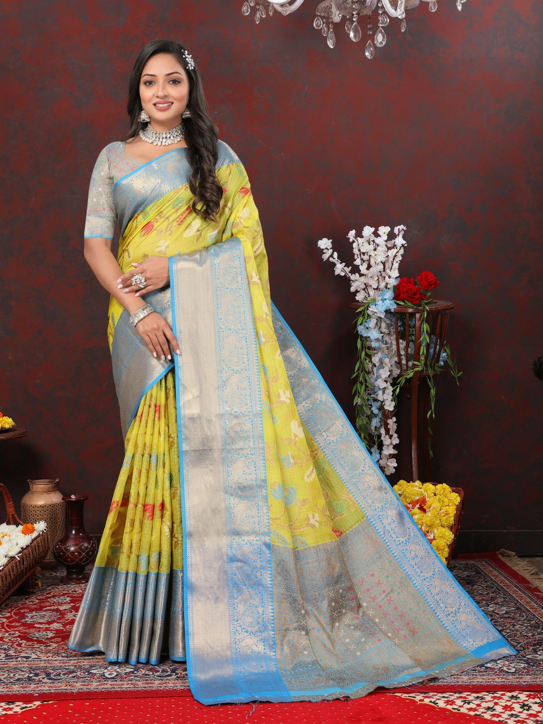 Yellow Color Soft Cotton Silk Saree With Meenakari Weawing Design And Rich Zari Weawing Pallu With Border With Unstiched Blouse Piease.