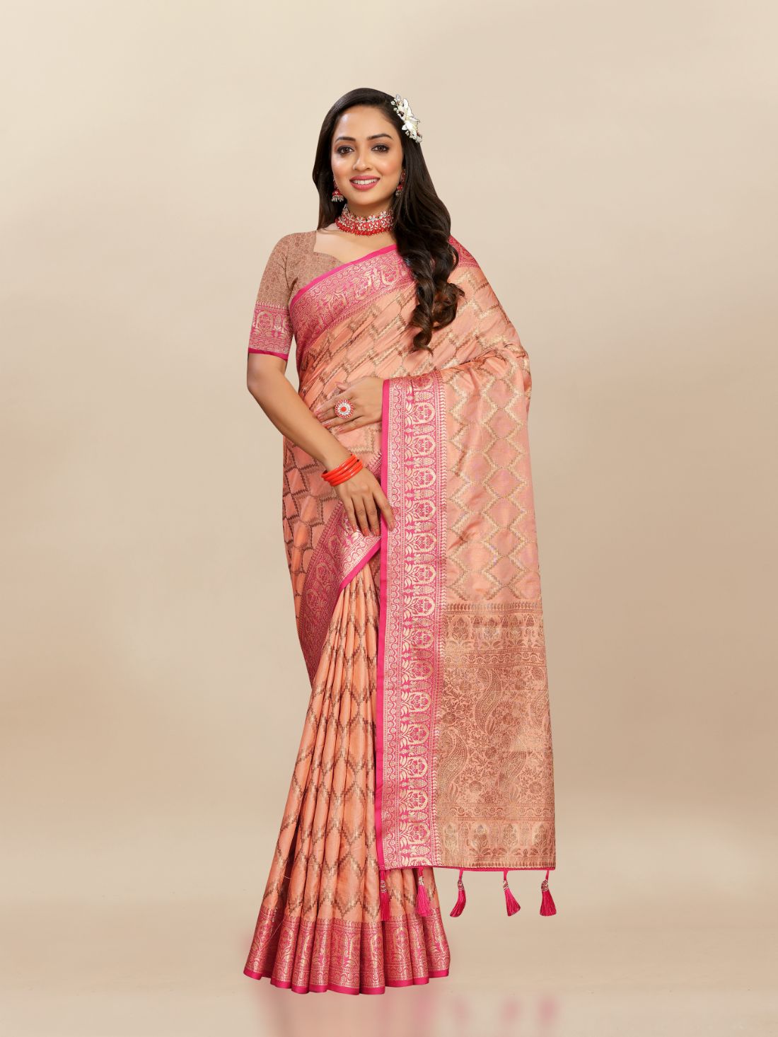 Orange Color Soft katan silk saree with copper zari weawing design and Rich Zari weawing Pallu with Unstiched Blouse piece.