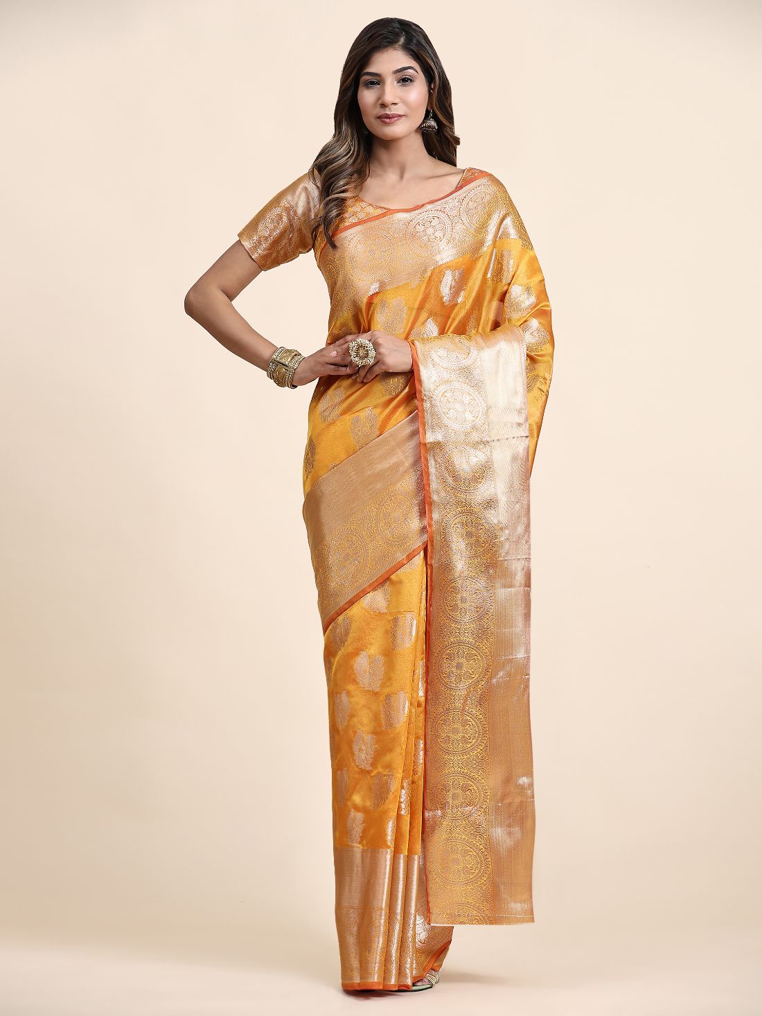 Mustered Color Women’s Zari Woven Designer Soft Organza Silk Saree and Rich Pallu Weawing Unstitched Blouse With Blouse Piece.