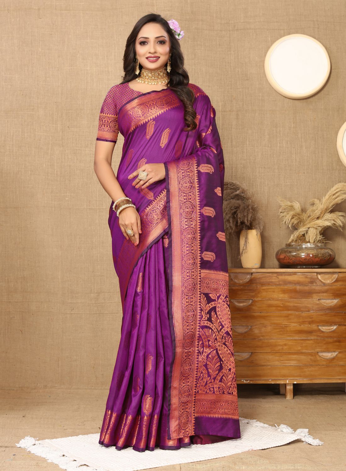 Purple Color Soft katan silk saree with copper zari weawing design and Rich Zari weawing Pallu with Unstiched Blouse piece.