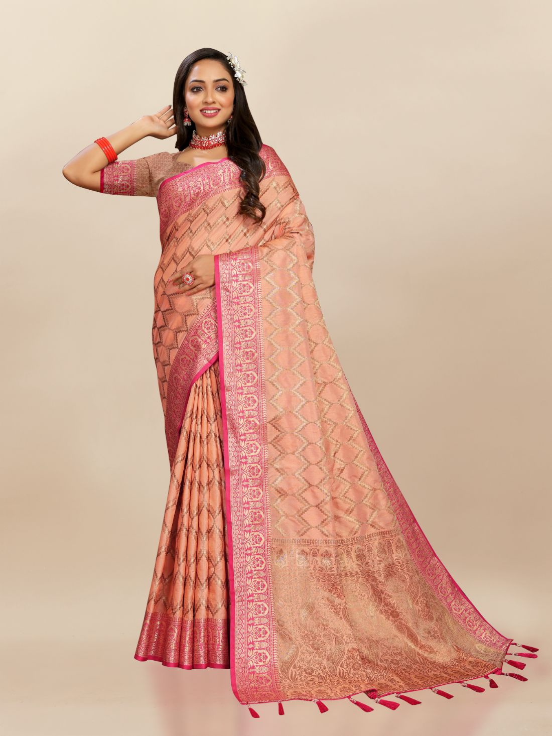 Orange Color Soft katan silk saree with copper zari weawing design and Rich Zari weawing Pallu with Unstiched Blouse piece.