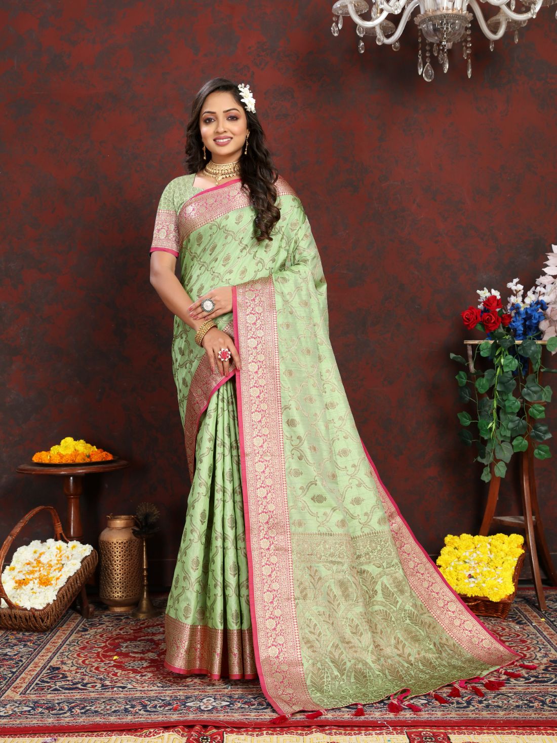 Light Green Color Soft katan silk saree with copper zari weawing design and Rich Zari weawing Pallu with Unstiched Blouse piece.