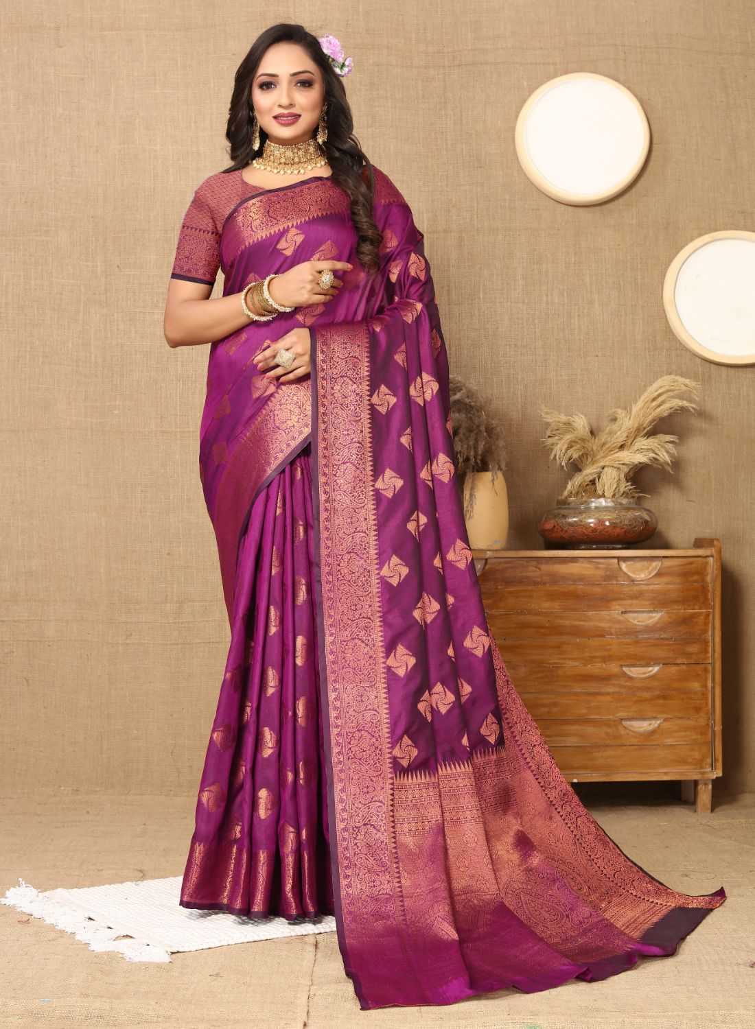 Purple Color Soft katan silk saree with copper zari weawing design and Rich Zari weawing Pallu with Unstiched Blouse piece