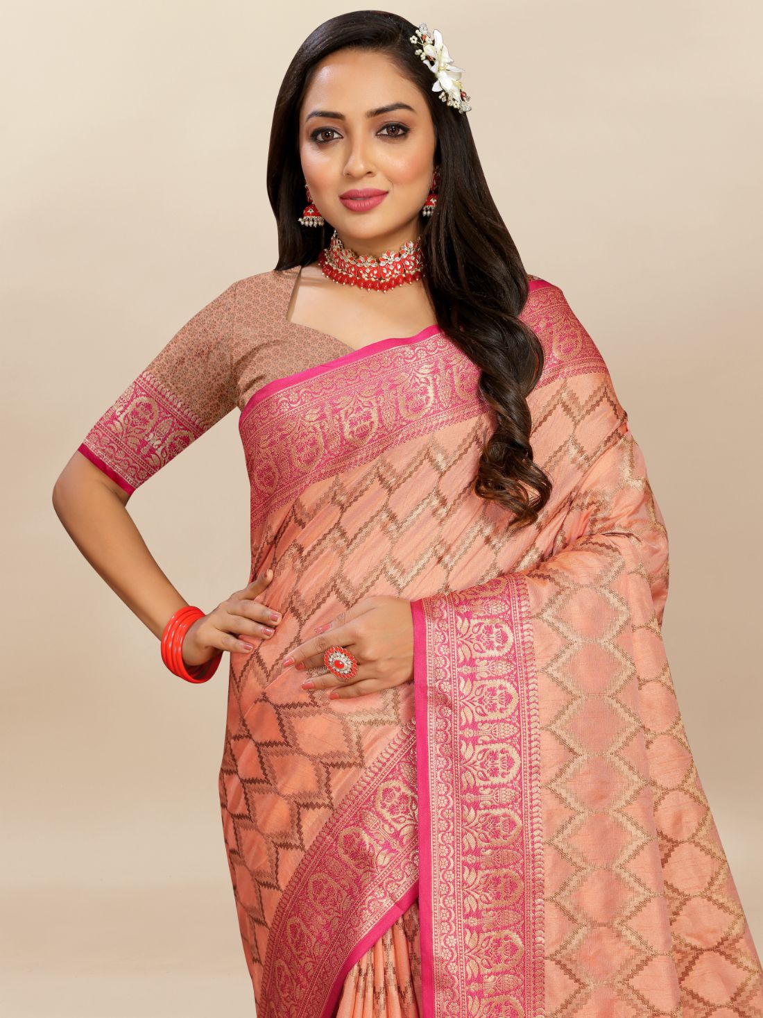 Orange Color Soft katan silk saree with copper zari weawing design and Rich Zari weawing Pallu with Unstiched Blouse piece.