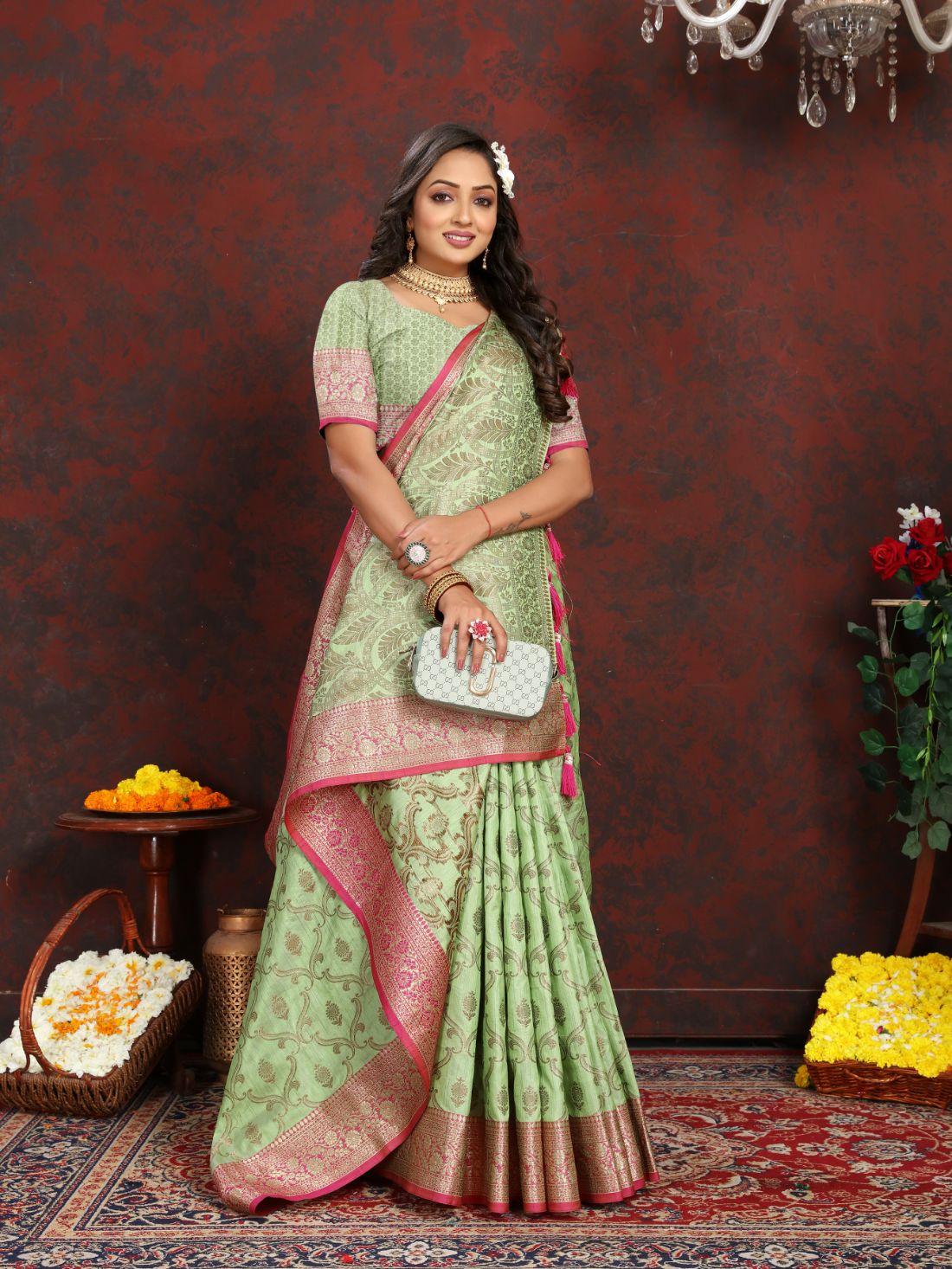Light Green Color Soft katan silk saree with copper zari weawing design and Rich Zari weawing Pallu with Unstiched Blouse piece.