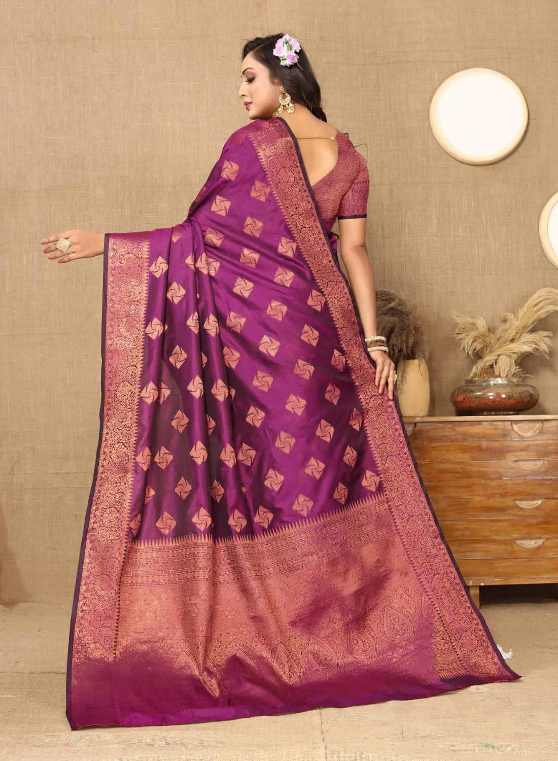Purple Color Soft katan silk saree with copper zari weawing design and Rich Zari weawing Pallu with Unstiched Blouse piece