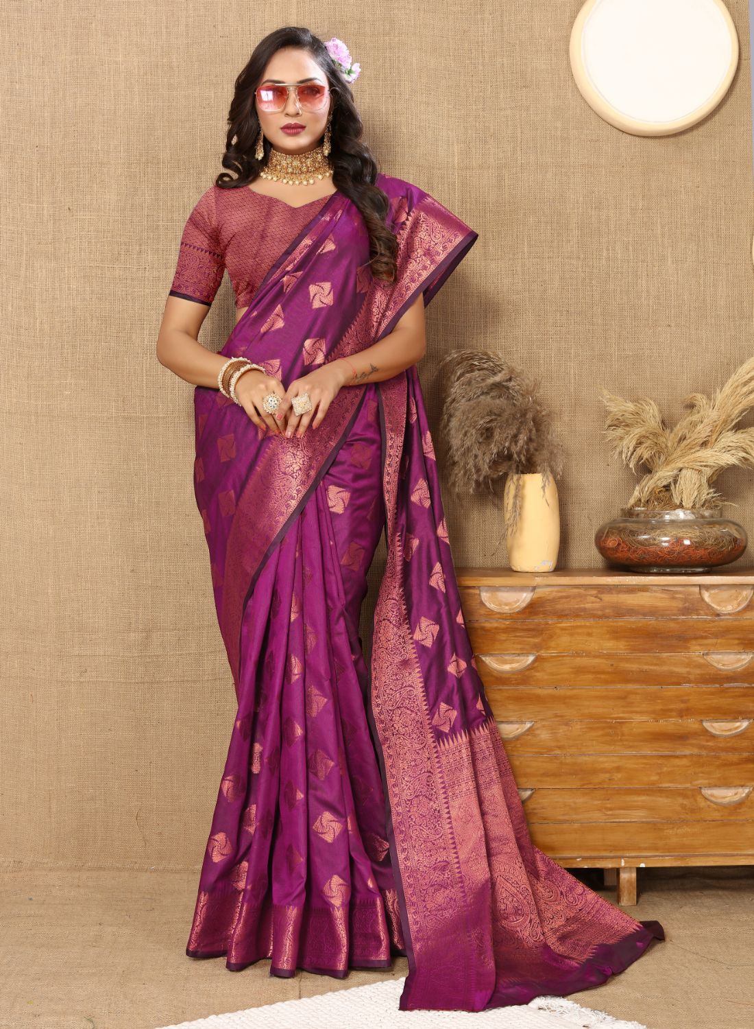 Purple Color Soft katan silk saree with copper zari weawing design and Rich Zari weawing Pallu with Unstiched Blouse piece