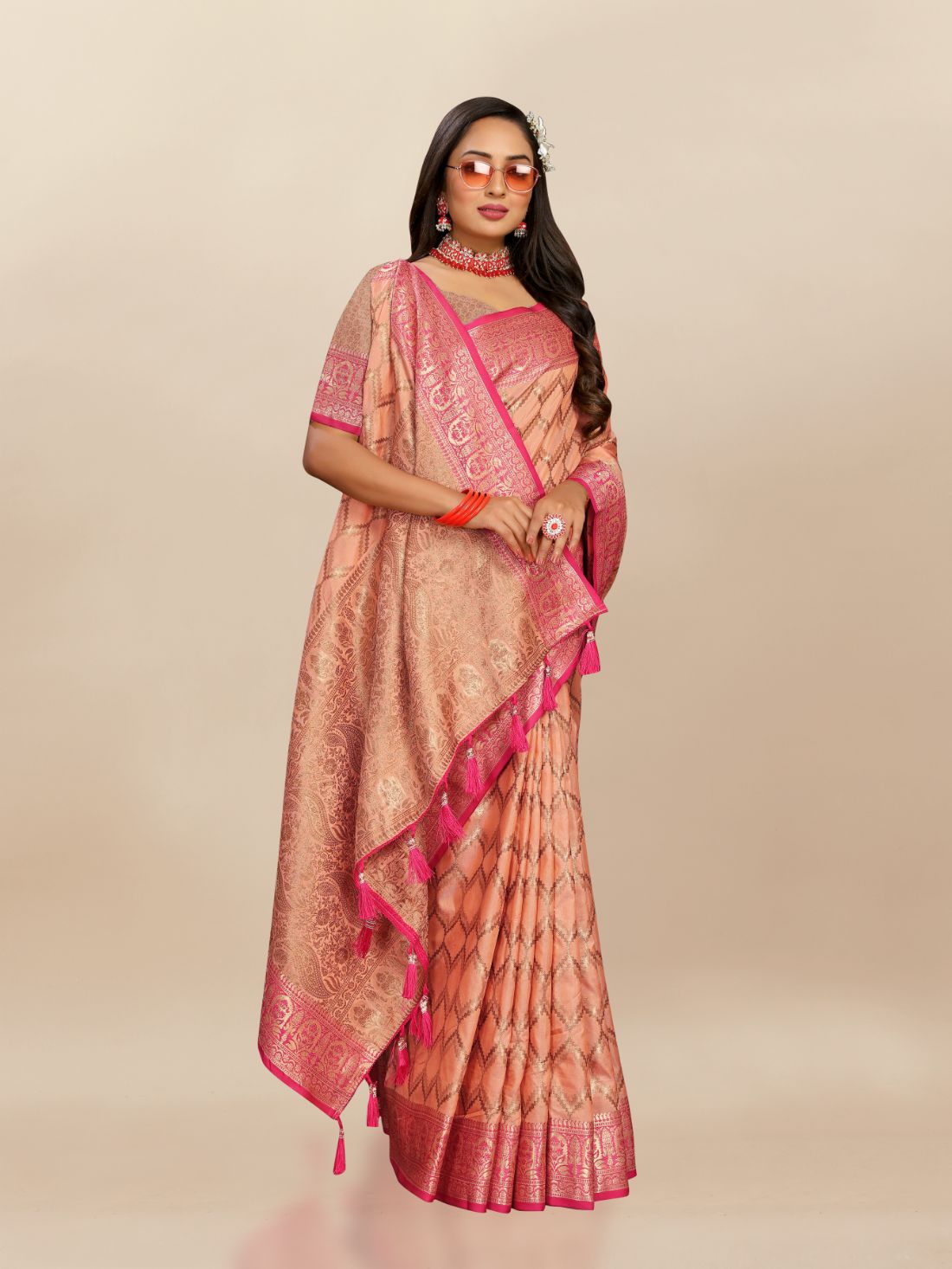 Orange Color Soft katan silk saree with copper zari weawing design and Rich Zari weawing Pallu with Unstiched Blouse piece.