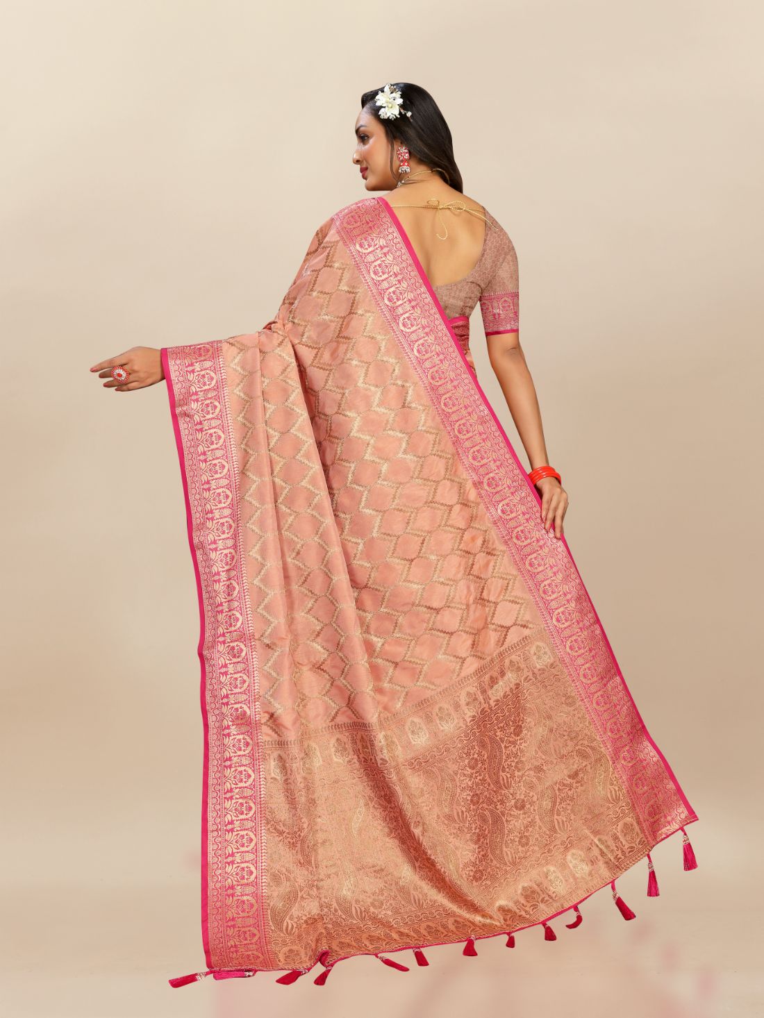 Orange Color Soft katan silk saree with copper zari weawing design and Rich Zari weawing Pallu with Unstiched Blouse piece.