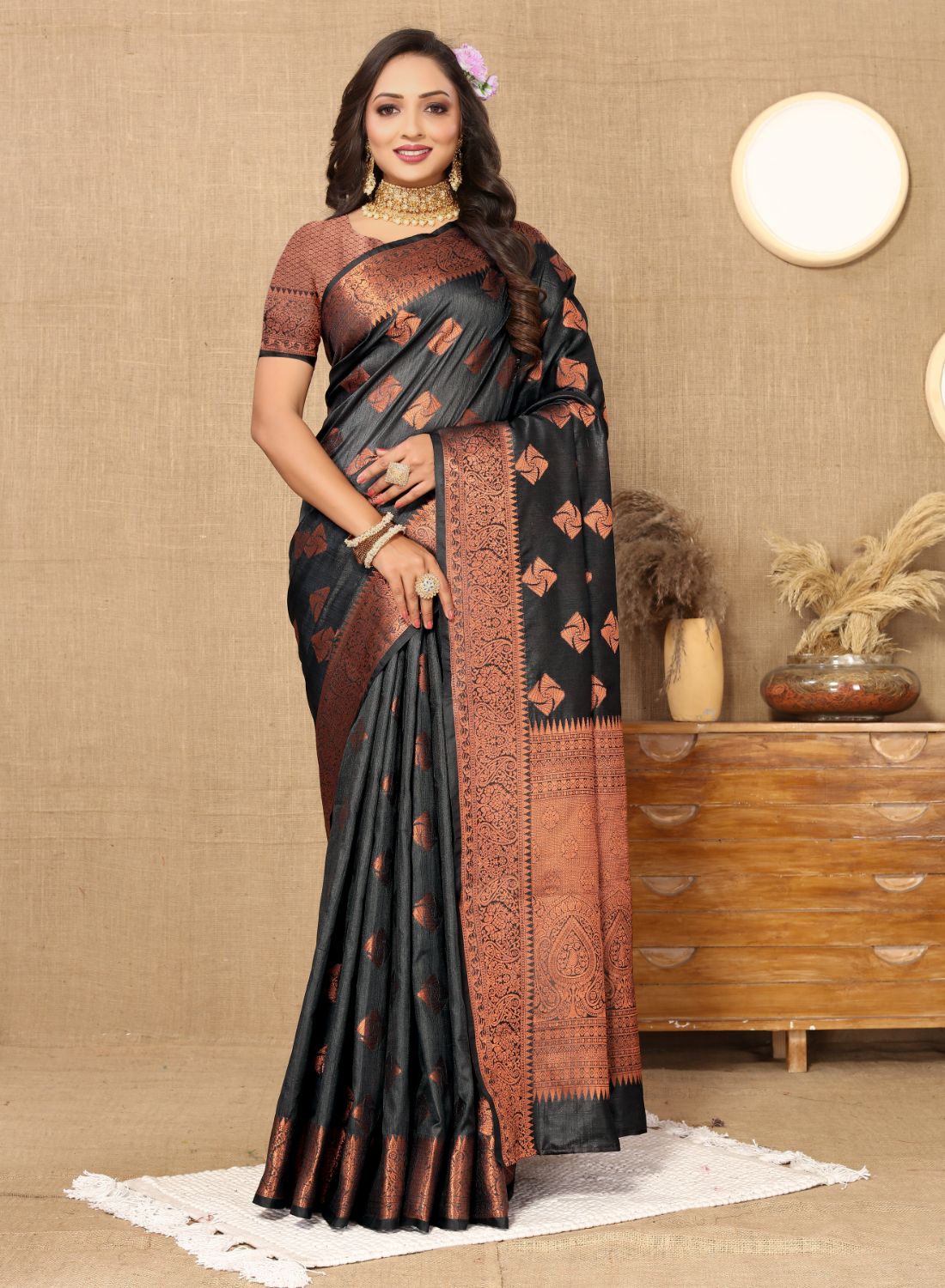 Black Color Soft katan silk saree with copper zari weawing design and Rich Zari weawing Pallu with Unstiched Blouse piece