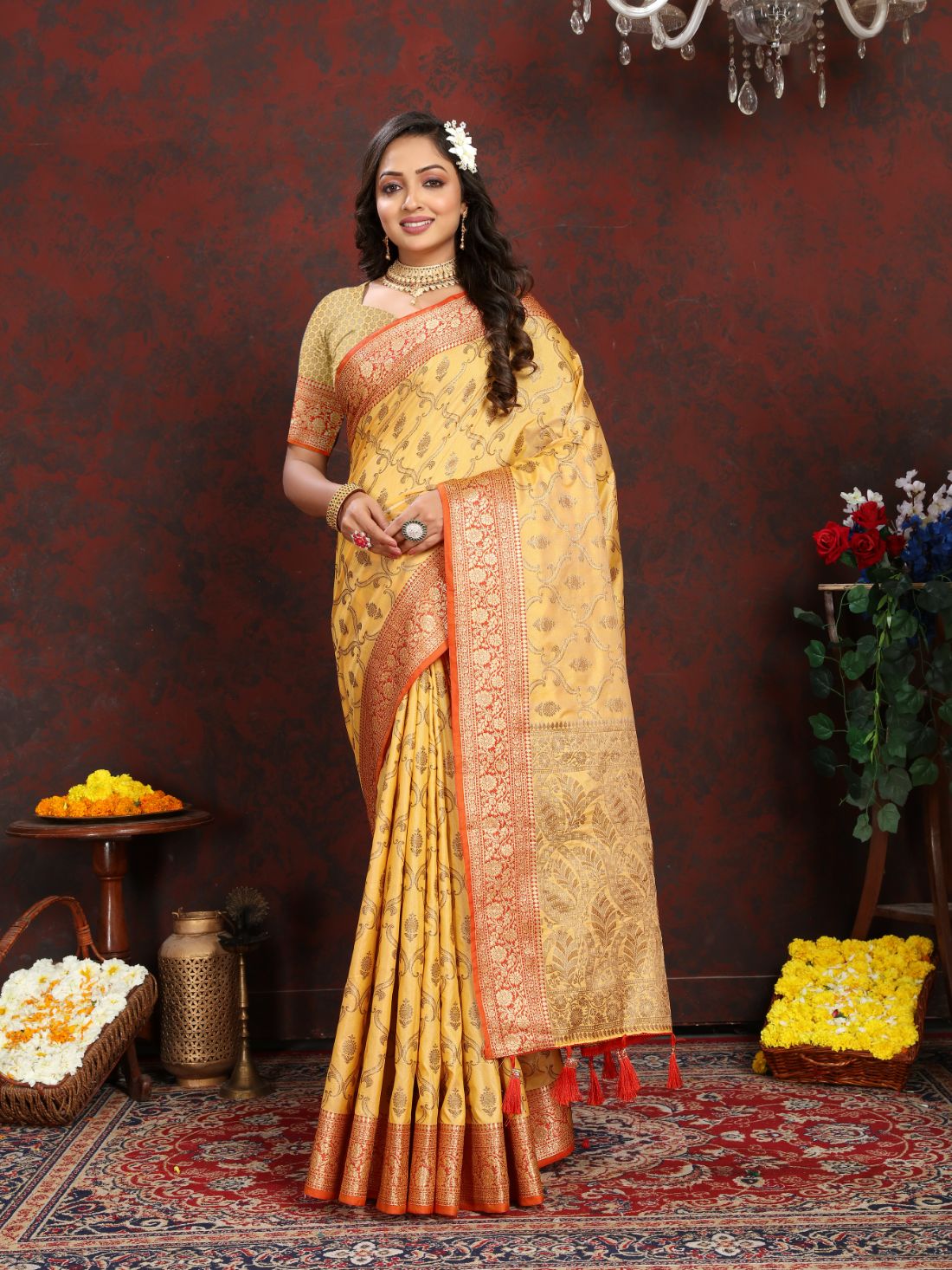 Yellow Color Soft Katan silk saree with copper zari weawing design and Rich Zari weawing Pallu with Unstiched Blouse piece.