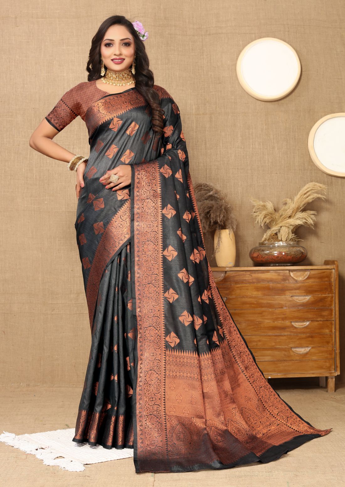 Black Color Soft katan silk saree with copper zari weawing design and Rich Zari weawing Pallu with Unstiched Blouse piece