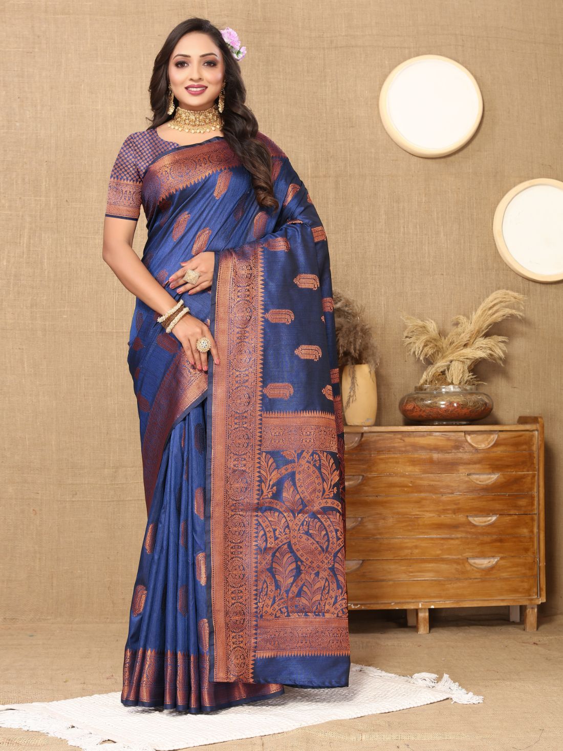 Nevy Blue Color Soft katan silk saree with copper zari weawing design and Rich Zari weawing Pallu with Unstiched Blouse piece.
