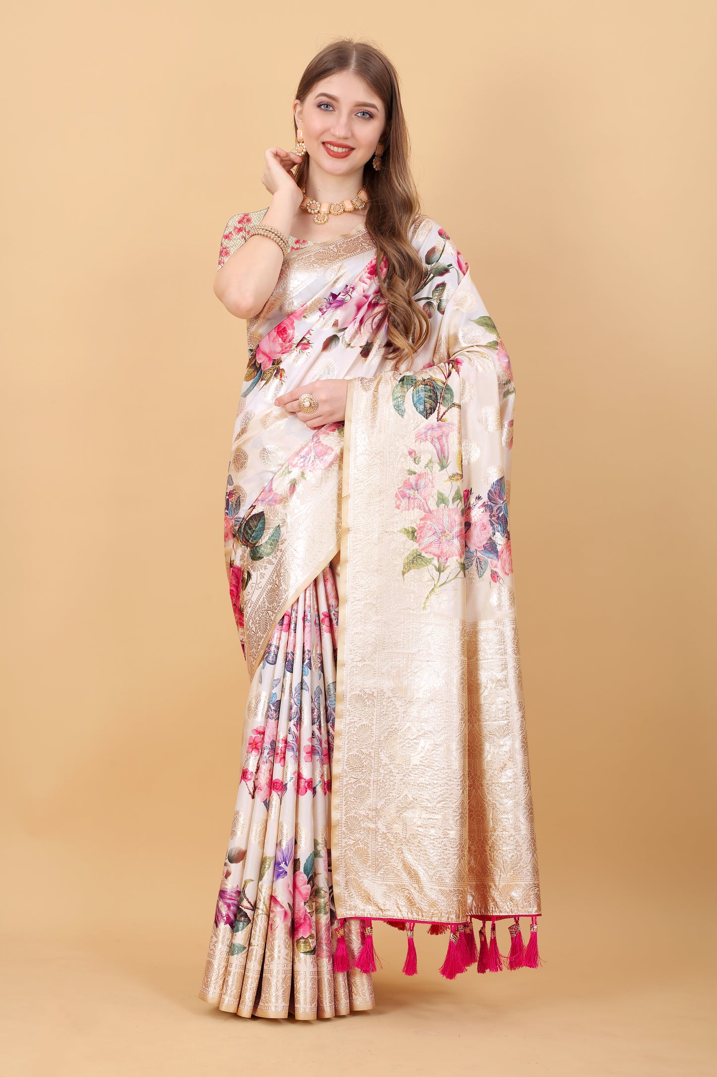 Soft silk saree with beautiful Flowery Digital Print all over the saree and Rich Zari weawing Pallu with zari weawing border & Tessels attach at Pallu end , Blouse :- Silk weawing Blouse piece