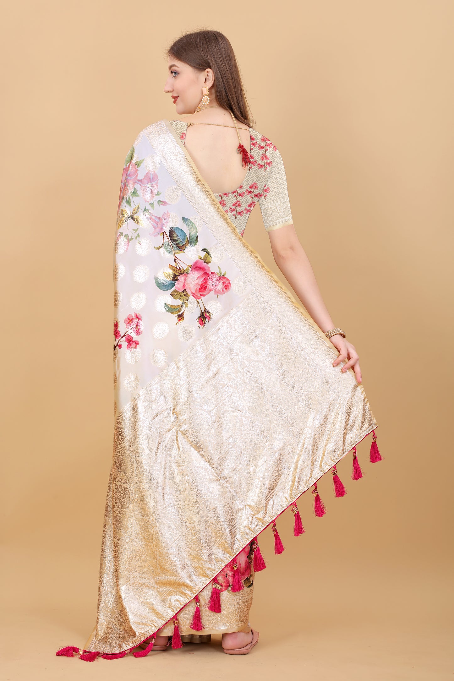 Soft silk saree with beautiful Flowery Digital Print all over the saree and Rich Zari weawing Pallu with zari weawing border & Tessels attach at Pallu end , Blouse :- Silk weawing Blouse piece